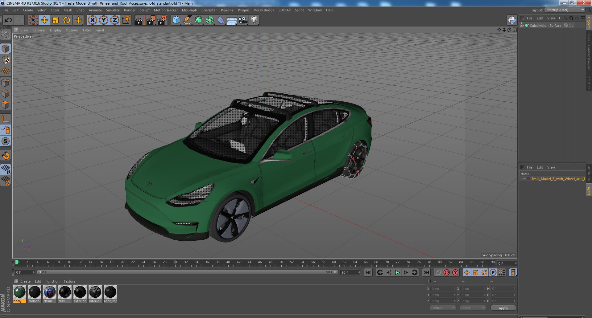 3D model Tesla Model 3 with Wheel and Roof Accessories