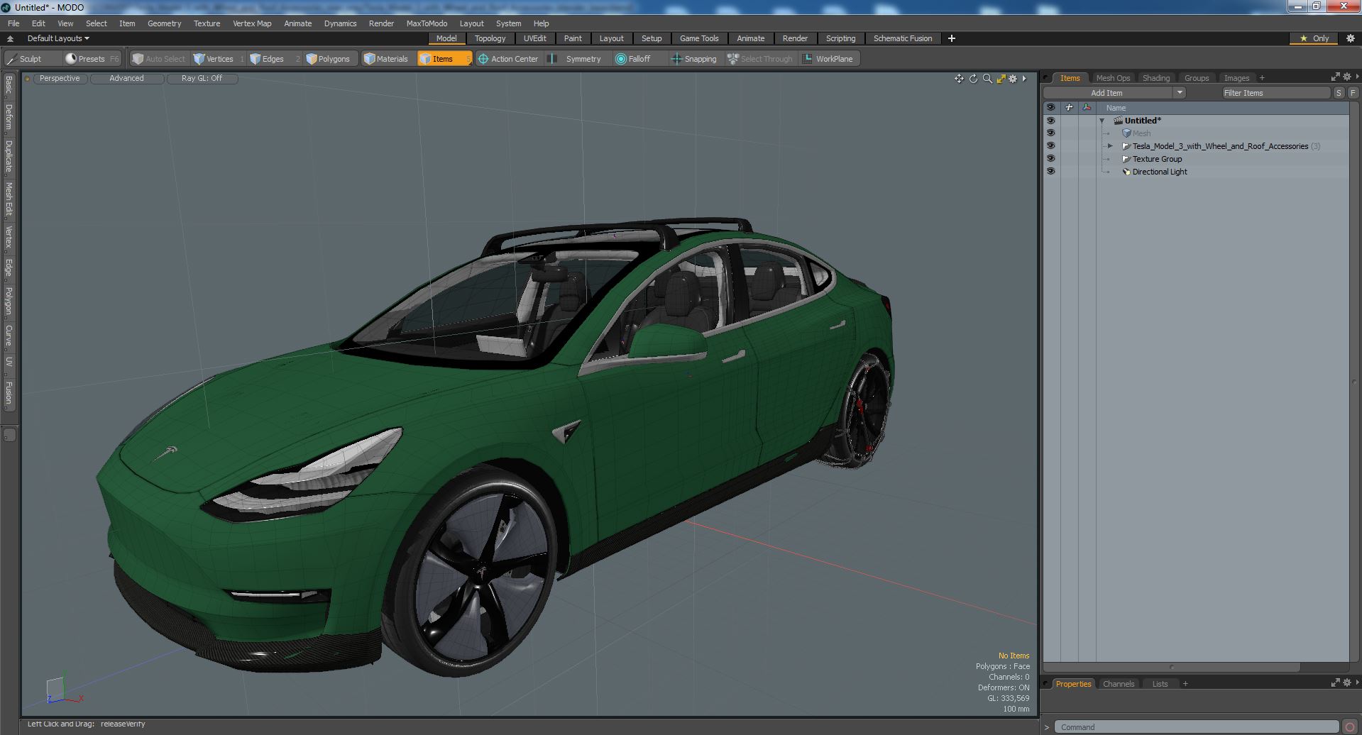 3D model Tesla Model 3 with Wheel and Roof Accessories