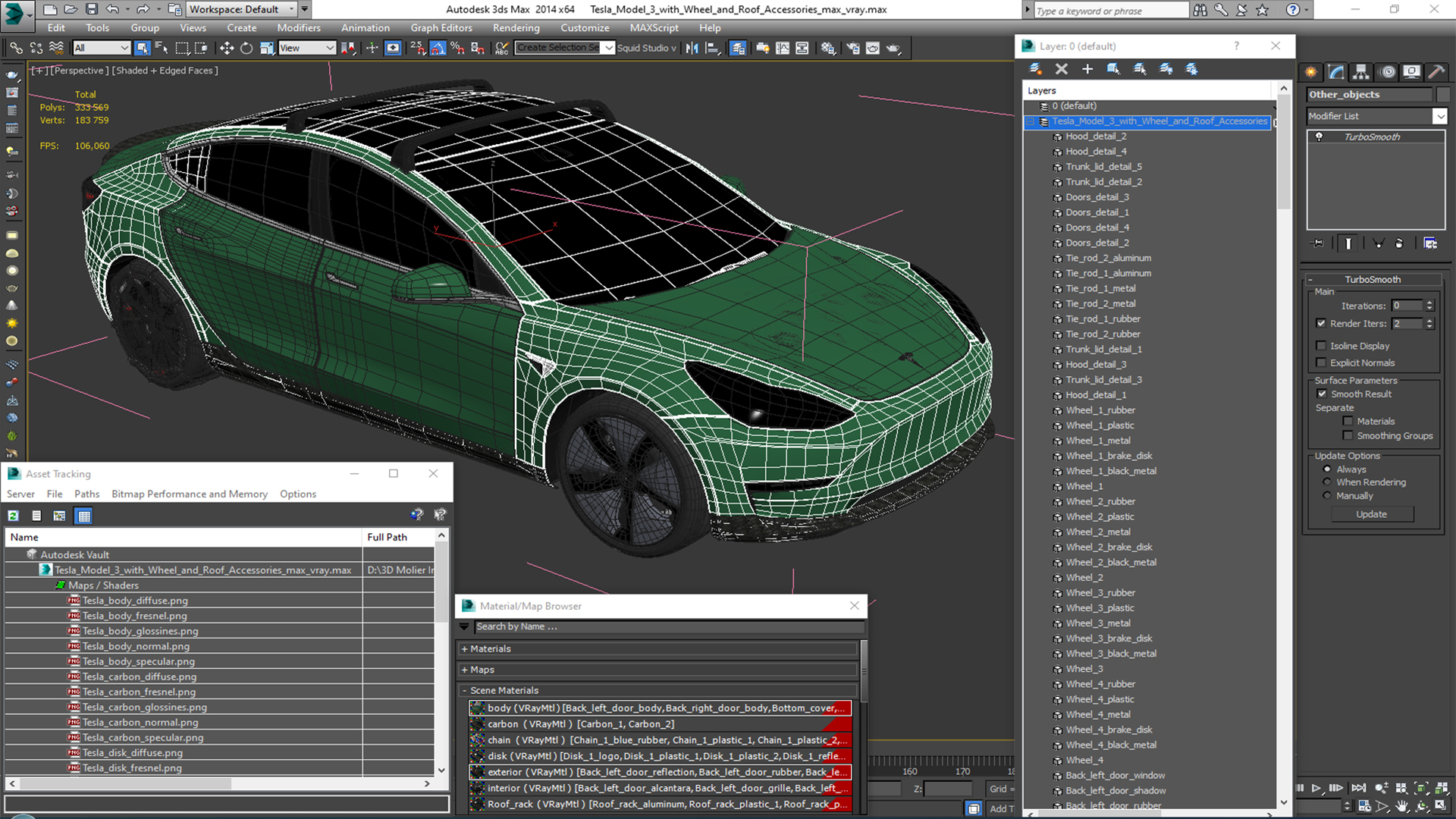 3D model Tesla Model 3 with Wheel and Roof Accessories