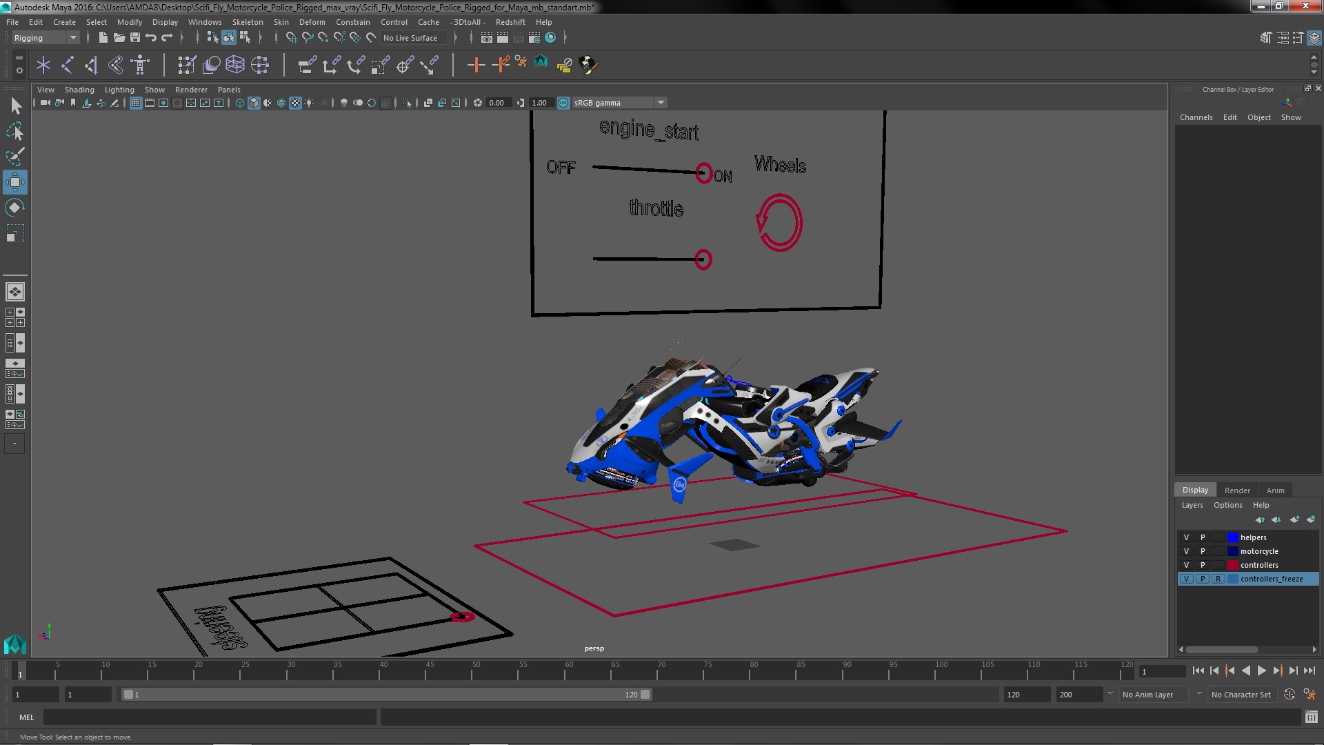3D Scifi Fly Motorcycle Police Rigged for Maya model