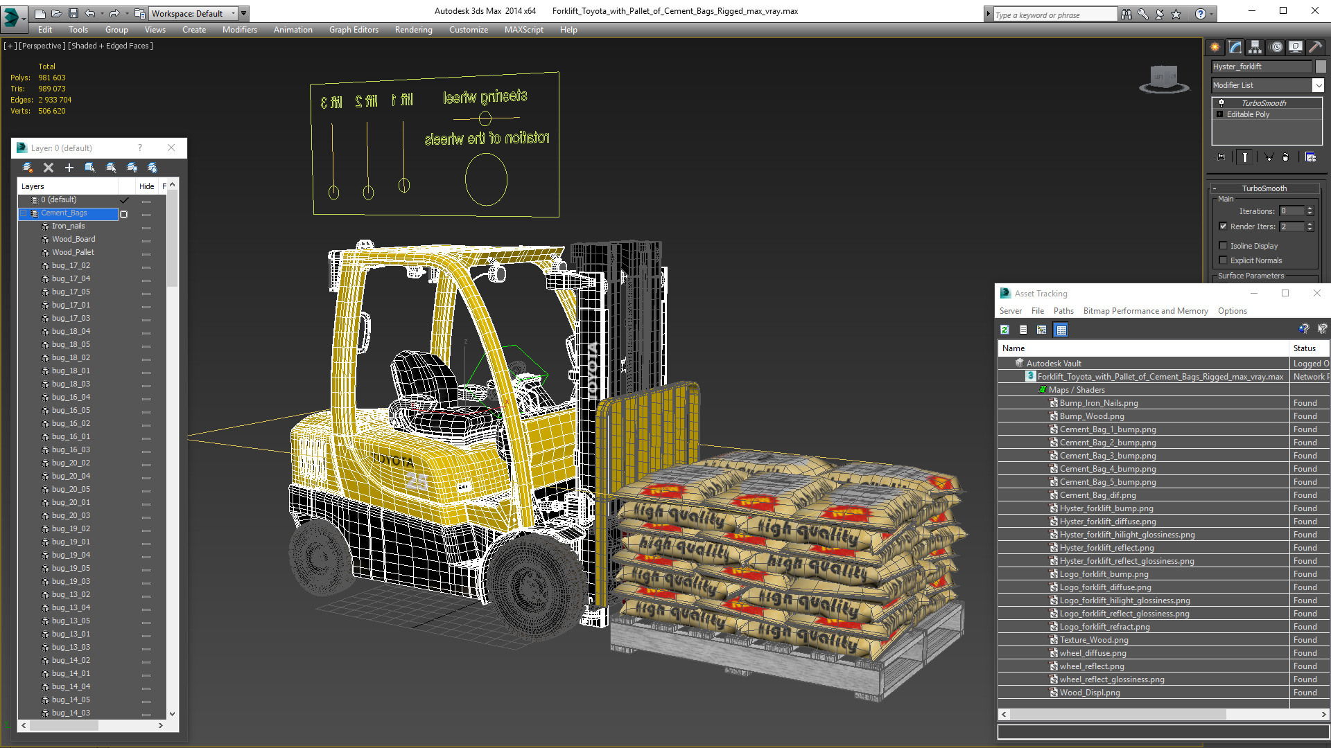 Forklift Toyota with Pallet of Cement Bags Rigged 3D model