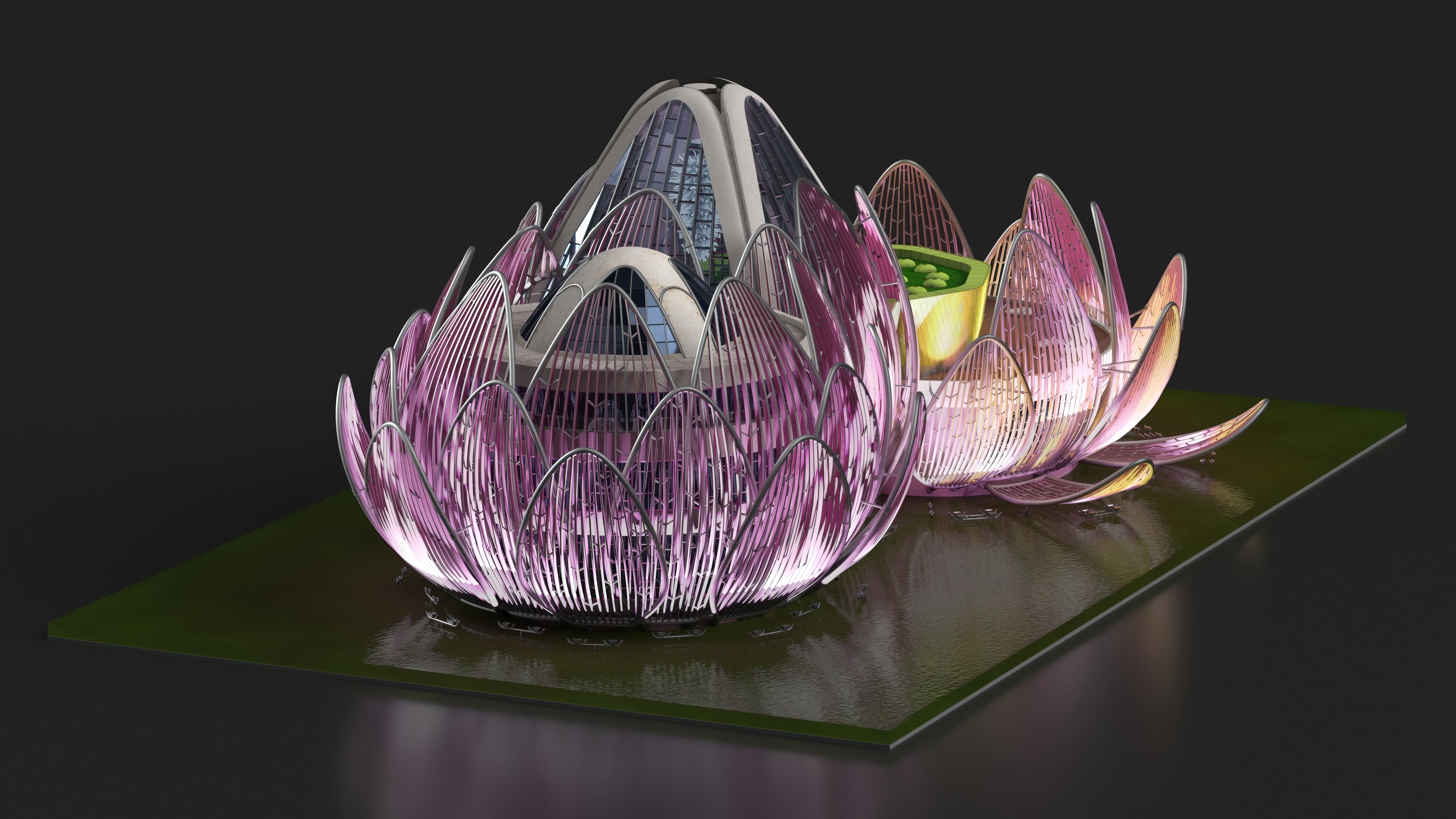 3D Wujin Lotus Building Night Lights On