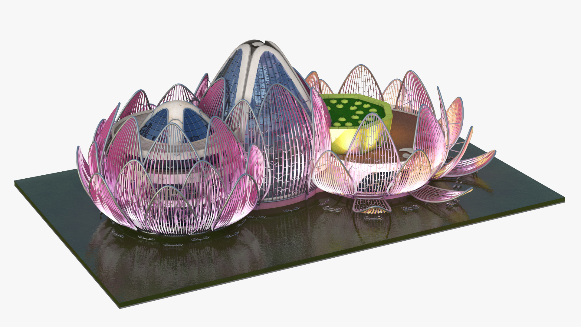 3D Wujin Lotus Building Night Lights On