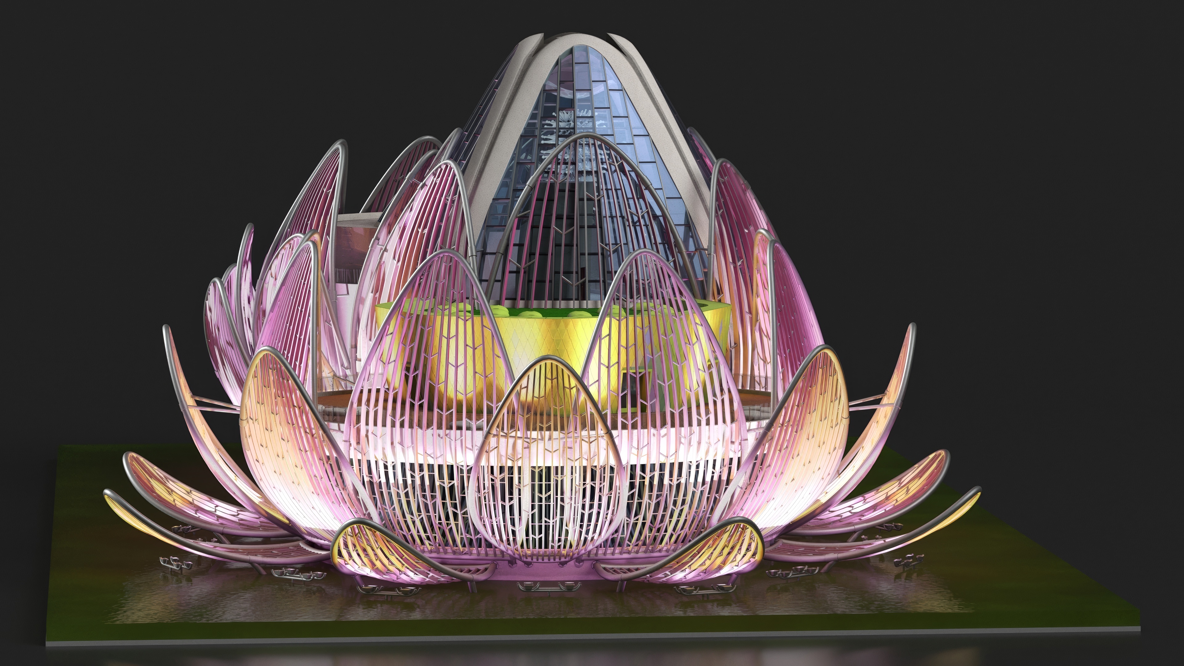3D Wujin Lotus Building Night Lights On