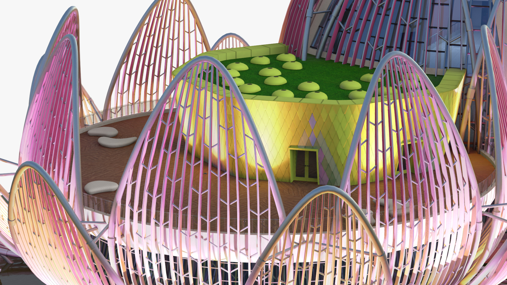3D Wujin Lotus Building Night Lights On