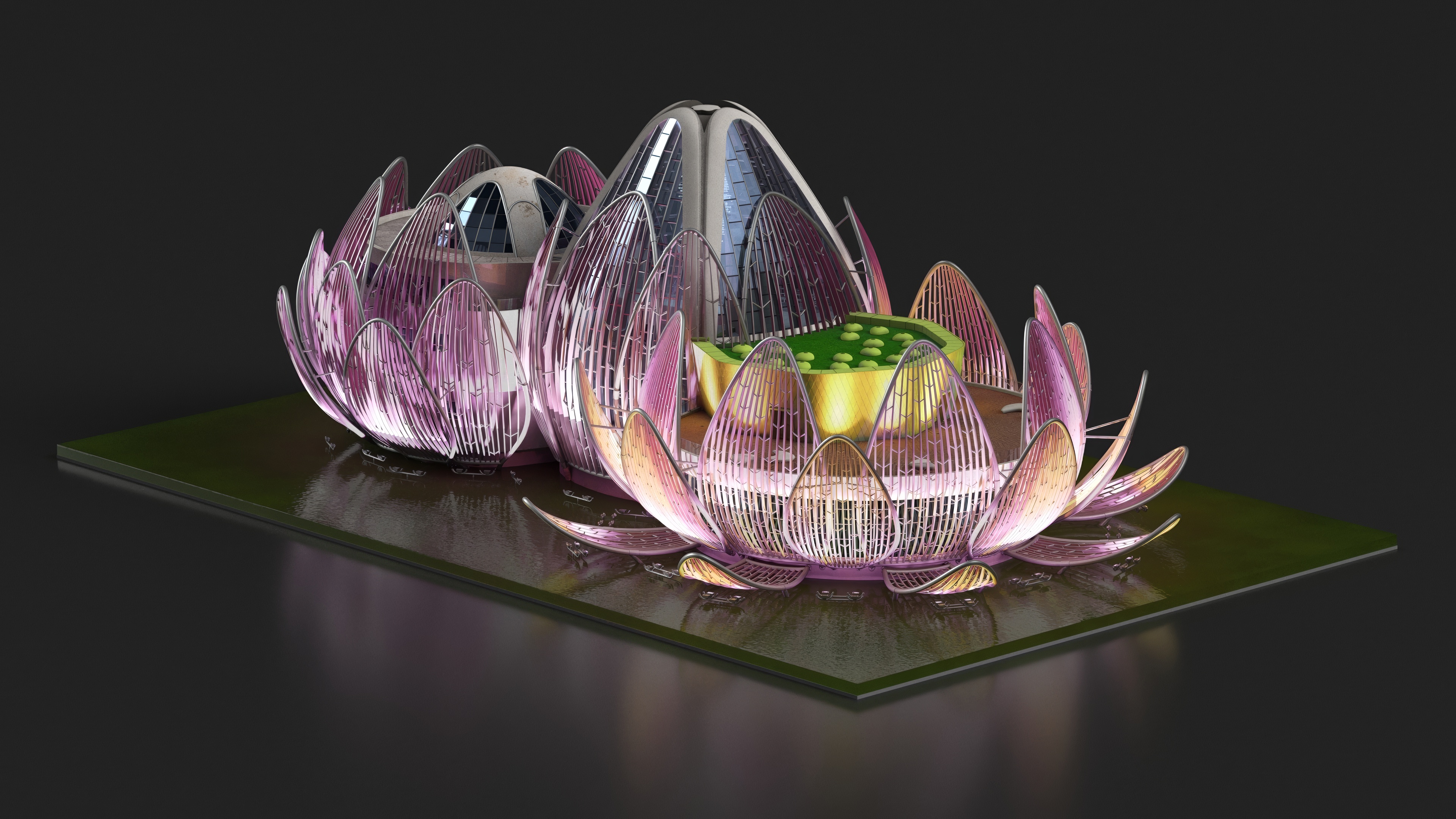 3D Wujin Lotus Building Night Lights On