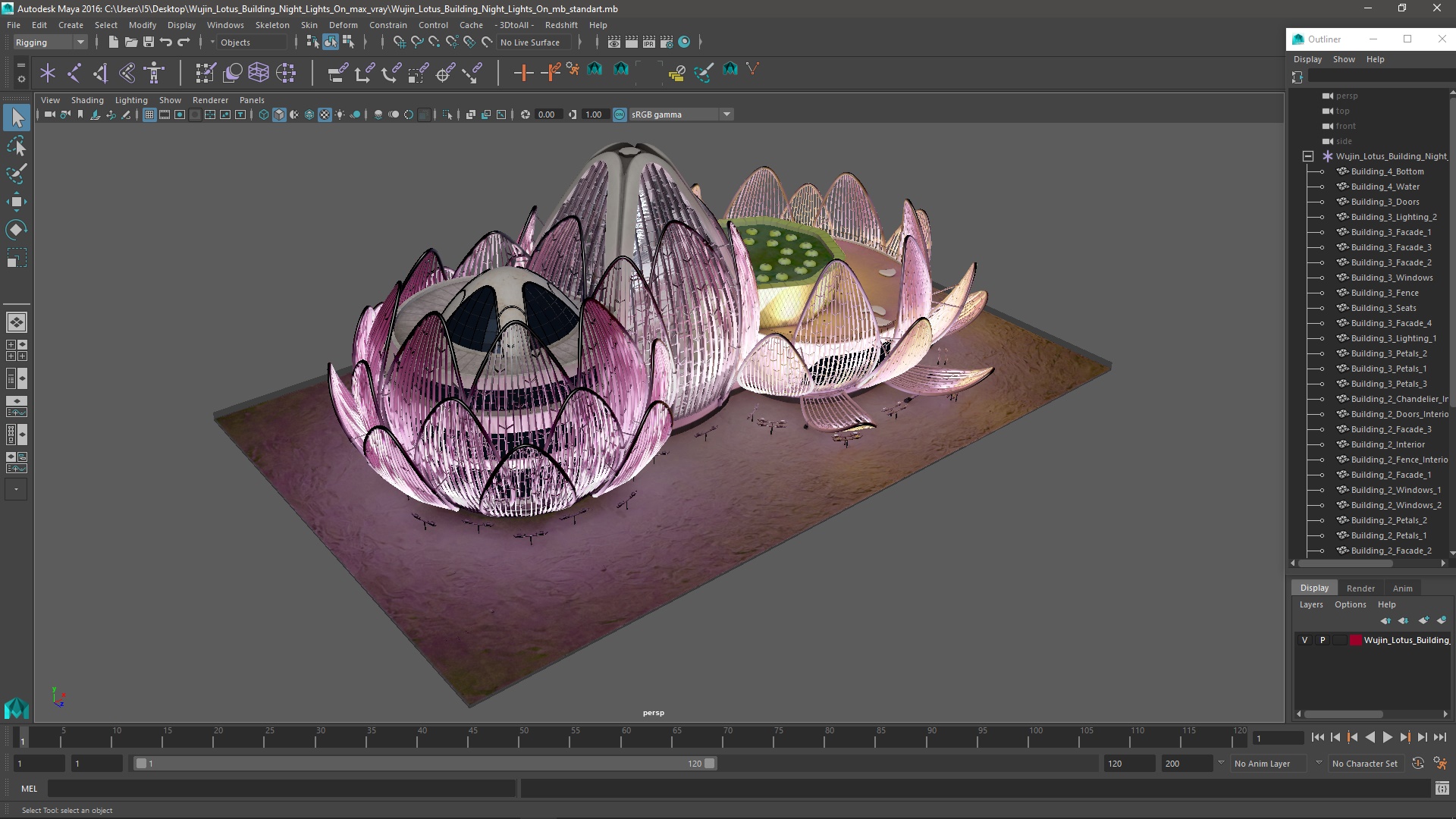3D Wujin Lotus Building Night Lights On