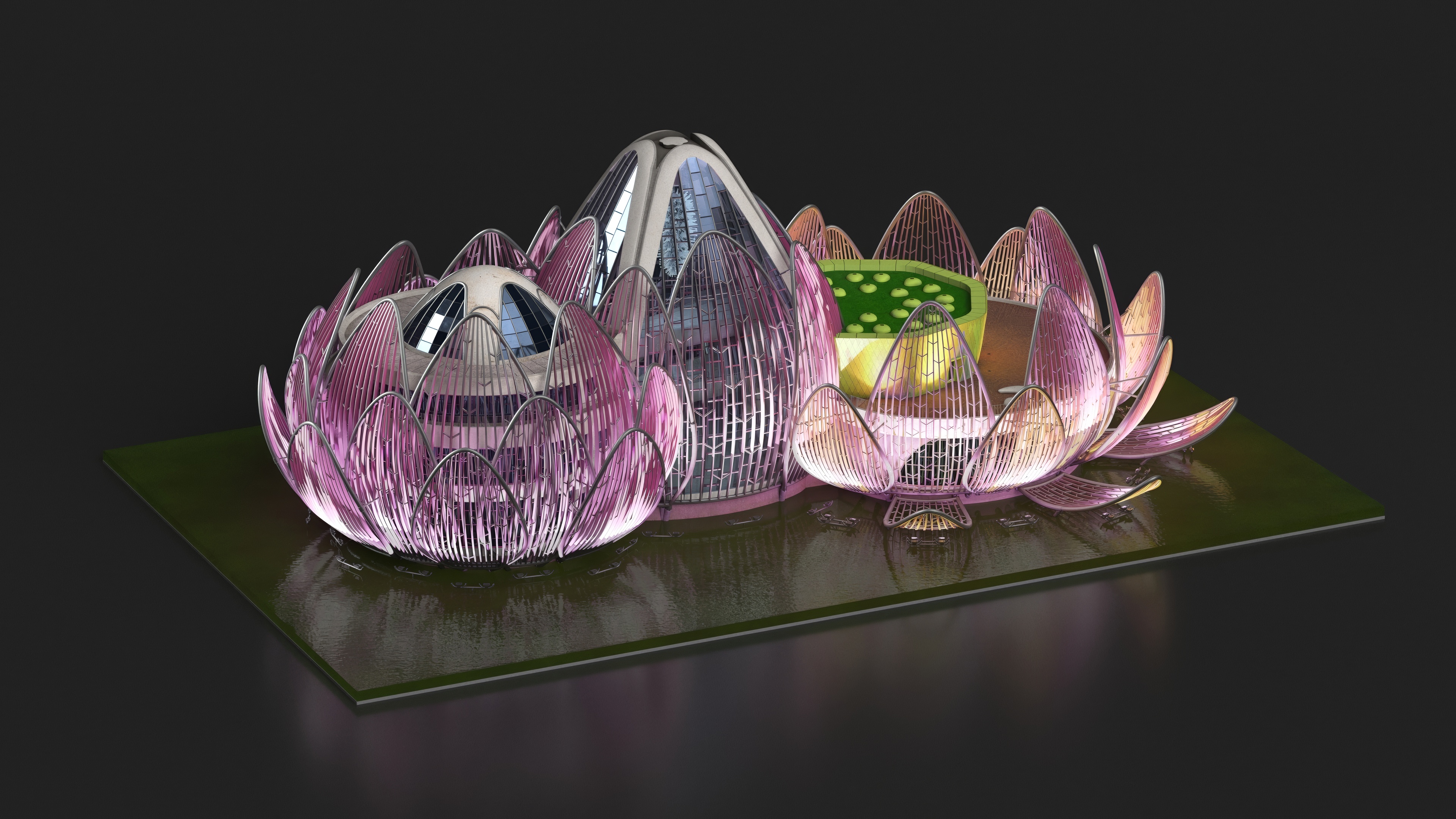 3D Wujin Lotus Building Night Lights On