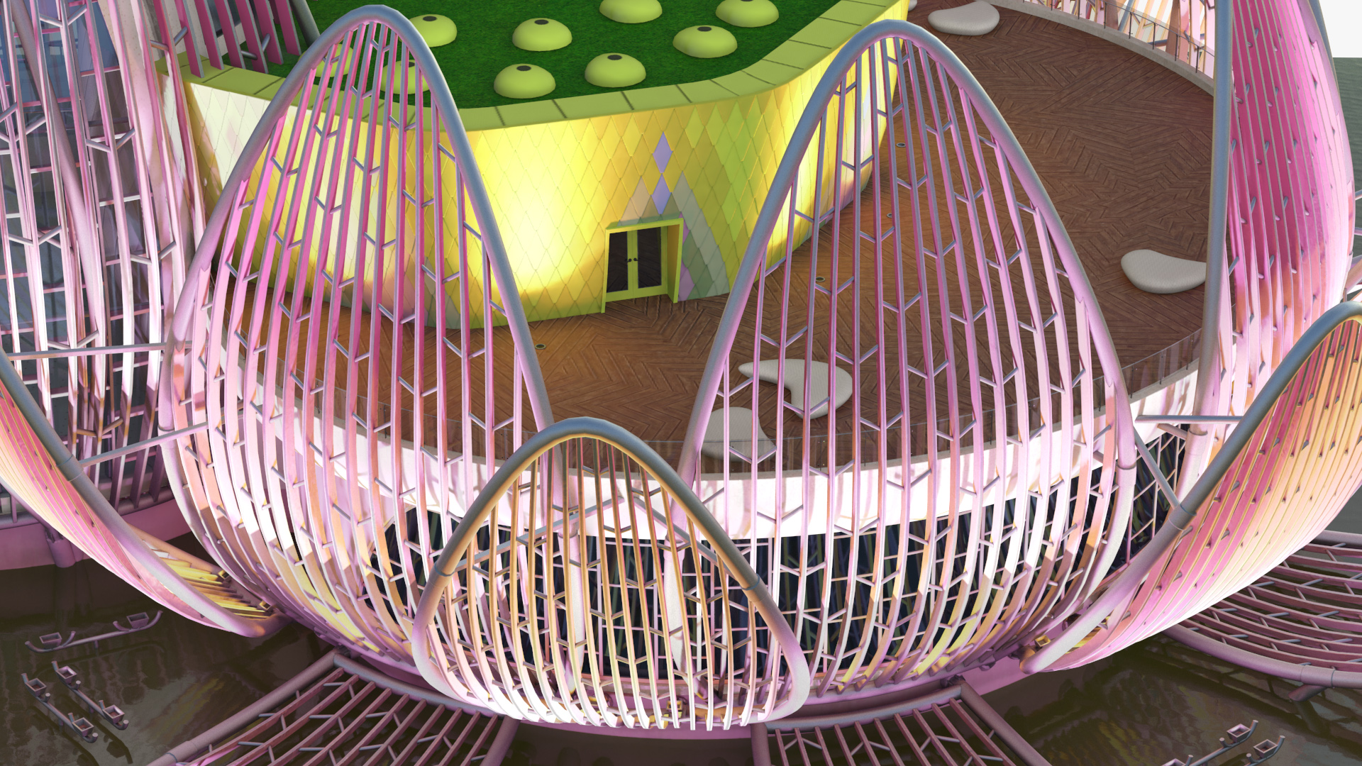 3D Wujin Lotus Building Night Lights On