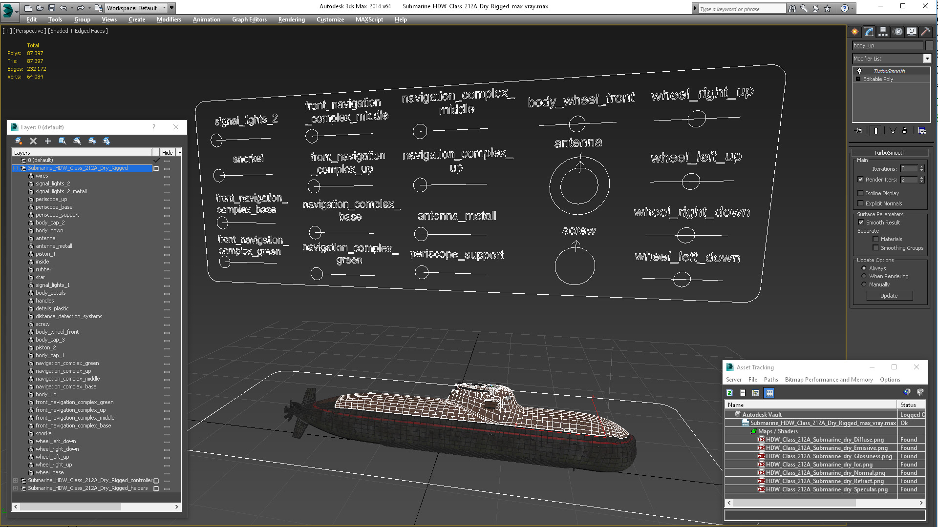 3D model Submarine HDW Class 212A Dry Rigged