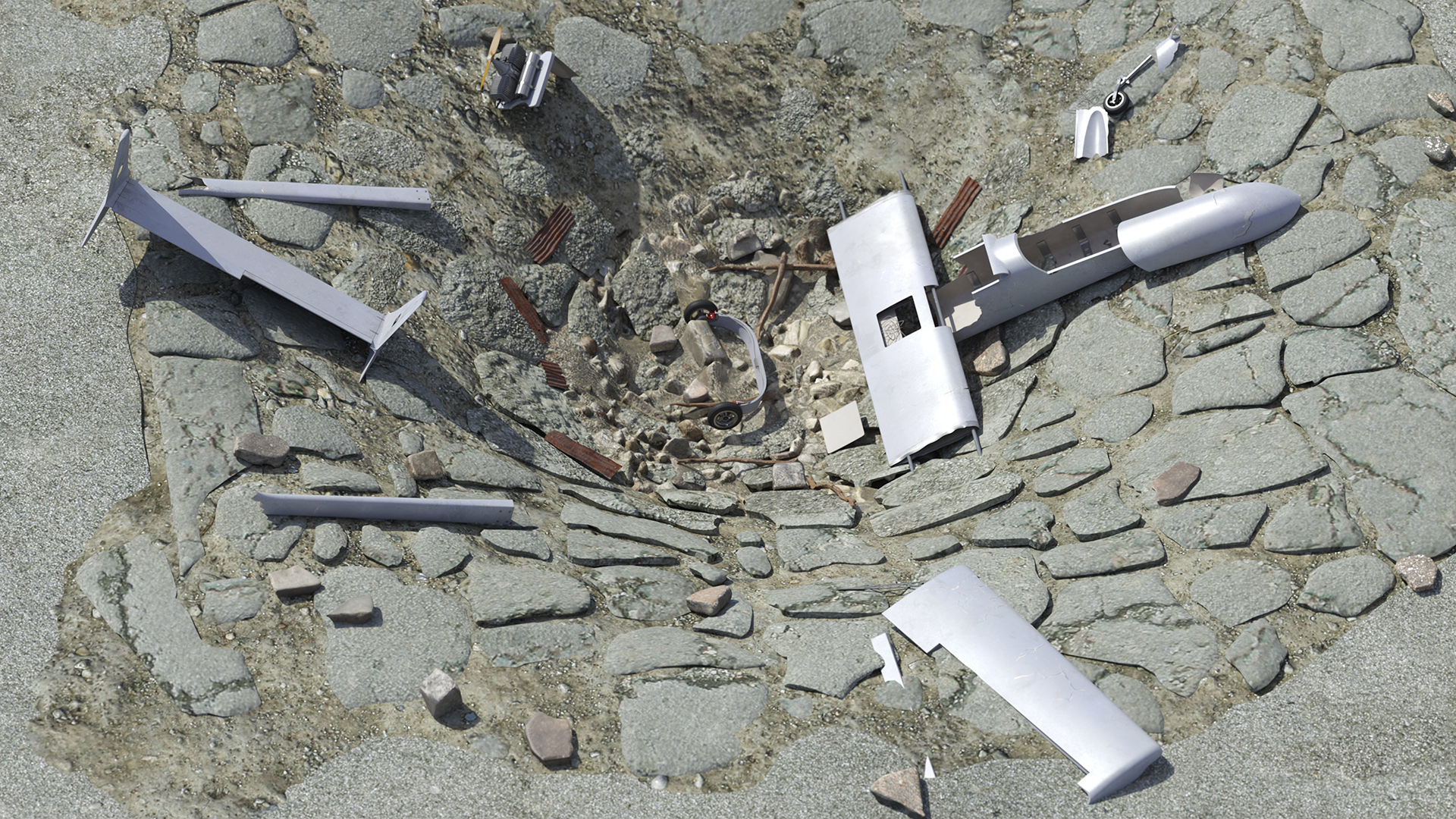 3D Crashed Drone in Cracked Ground