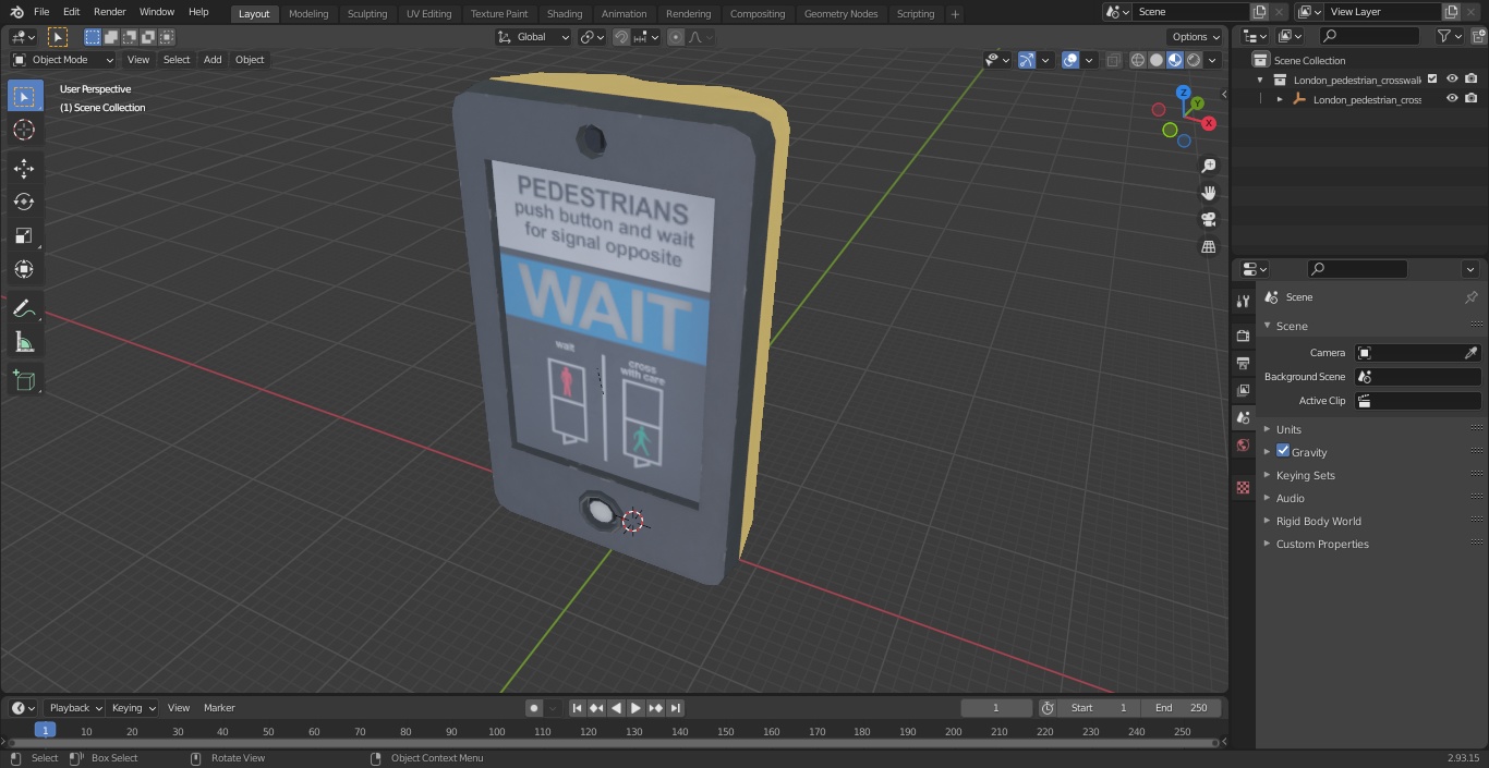 3D London pedestrian crosswalk button Off model