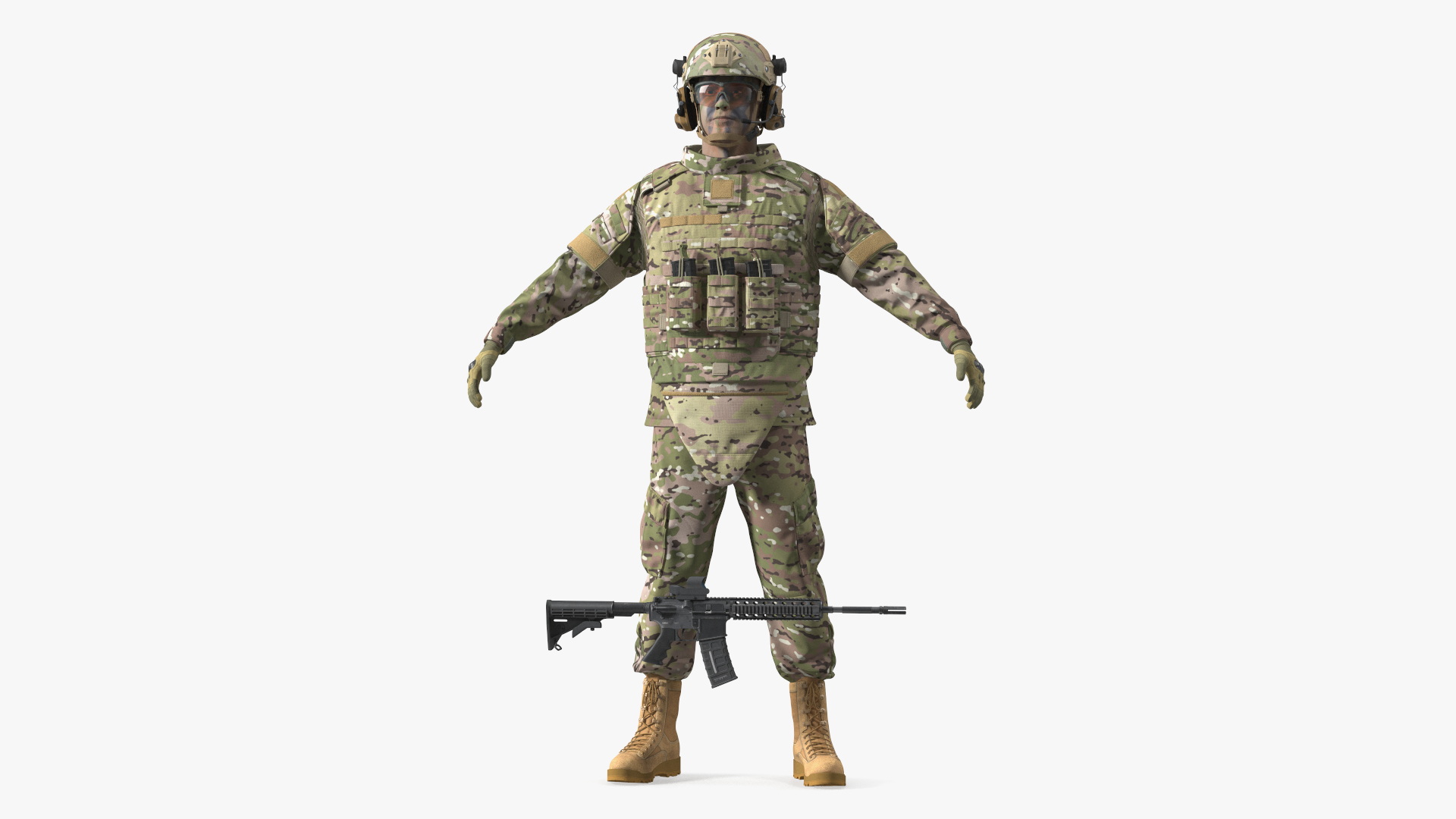 Soldier in Green Tactical Gear and Rifle A-pose 3D