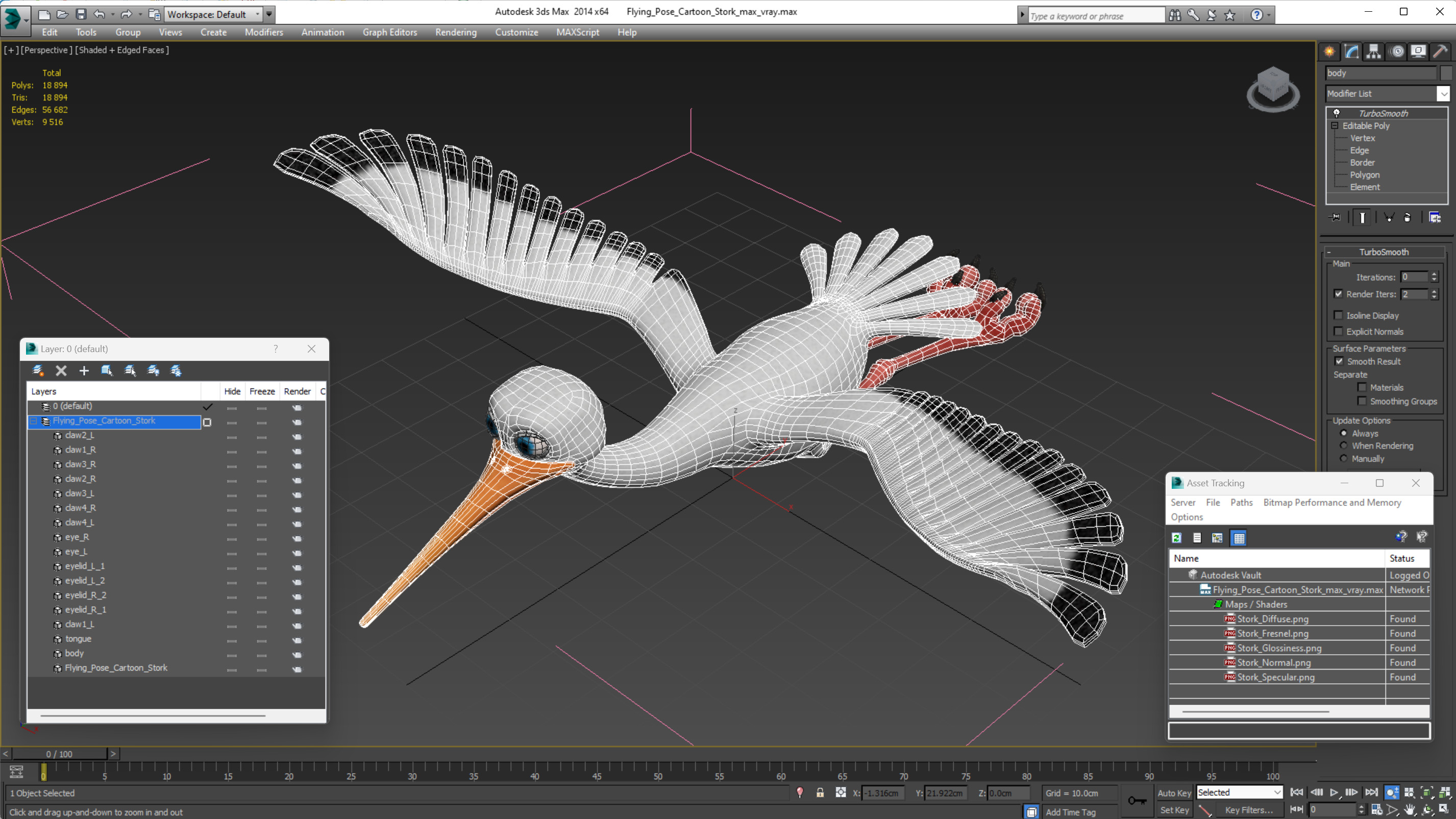 3D model Flying Pose Cartoon Stork