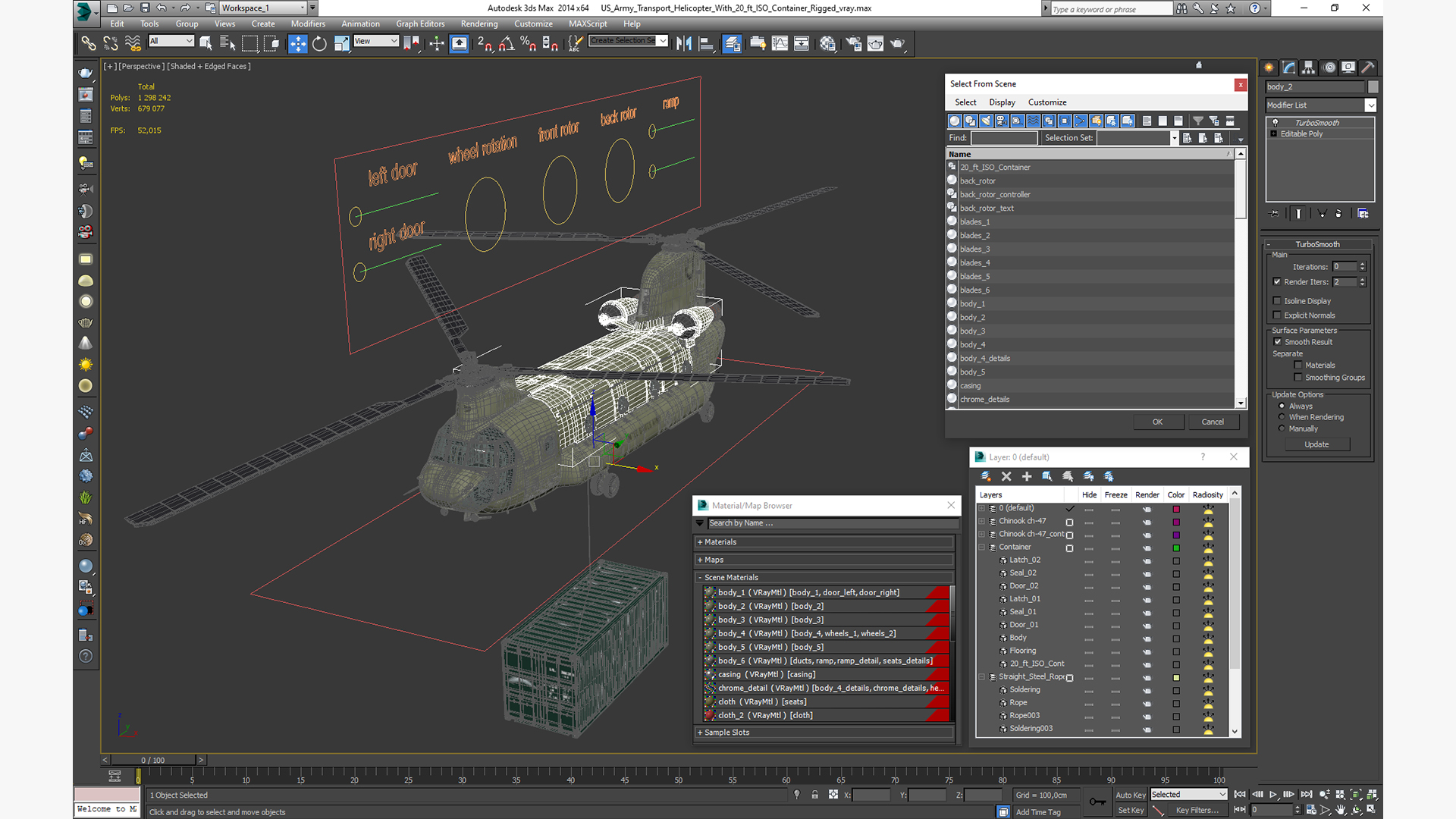 3D model US Army Transport Helicopter With 20 ft ISO Container Rigged
