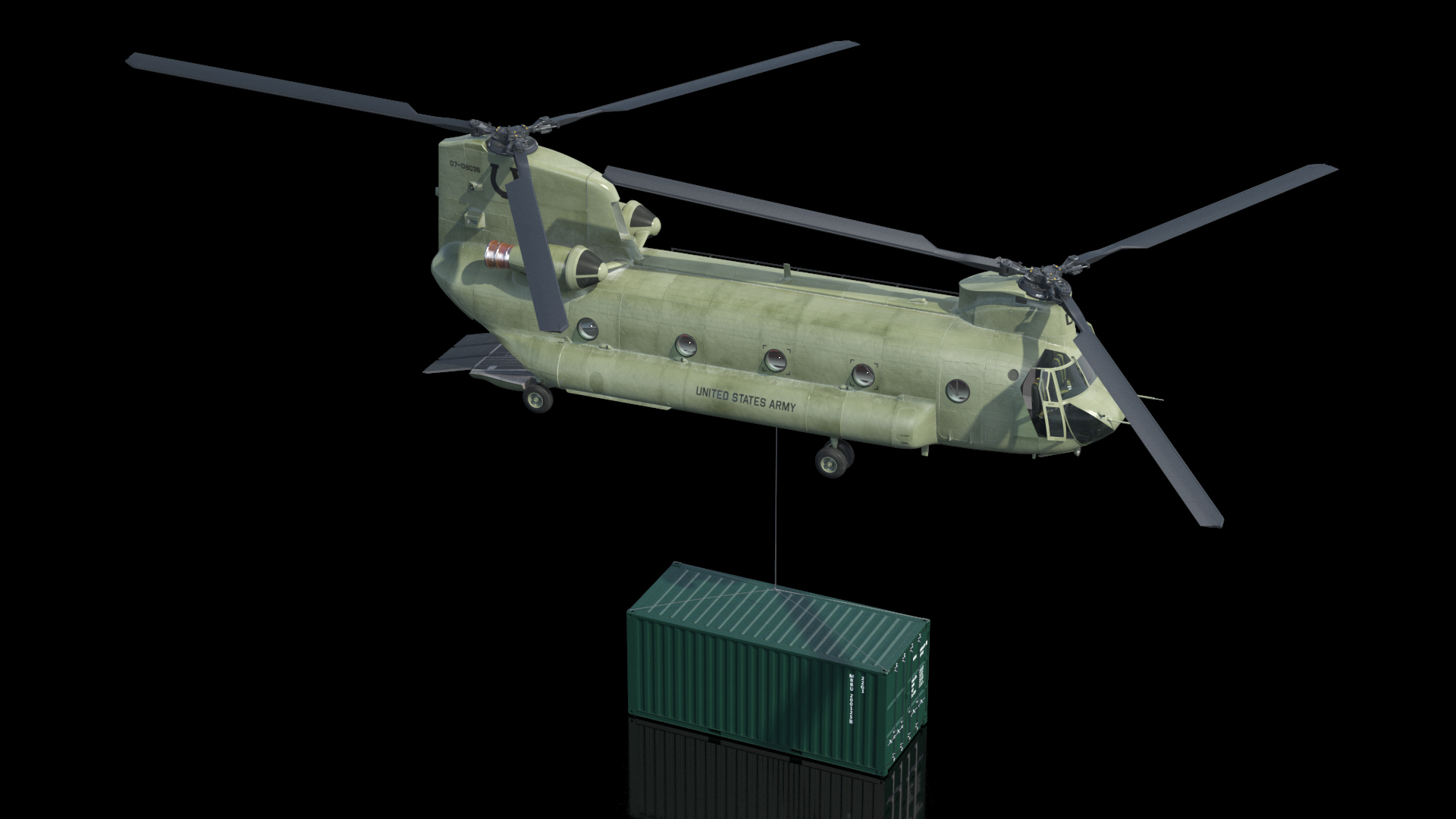 3D model US Army Transport Helicopter With 20 ft ISO Container Rigged