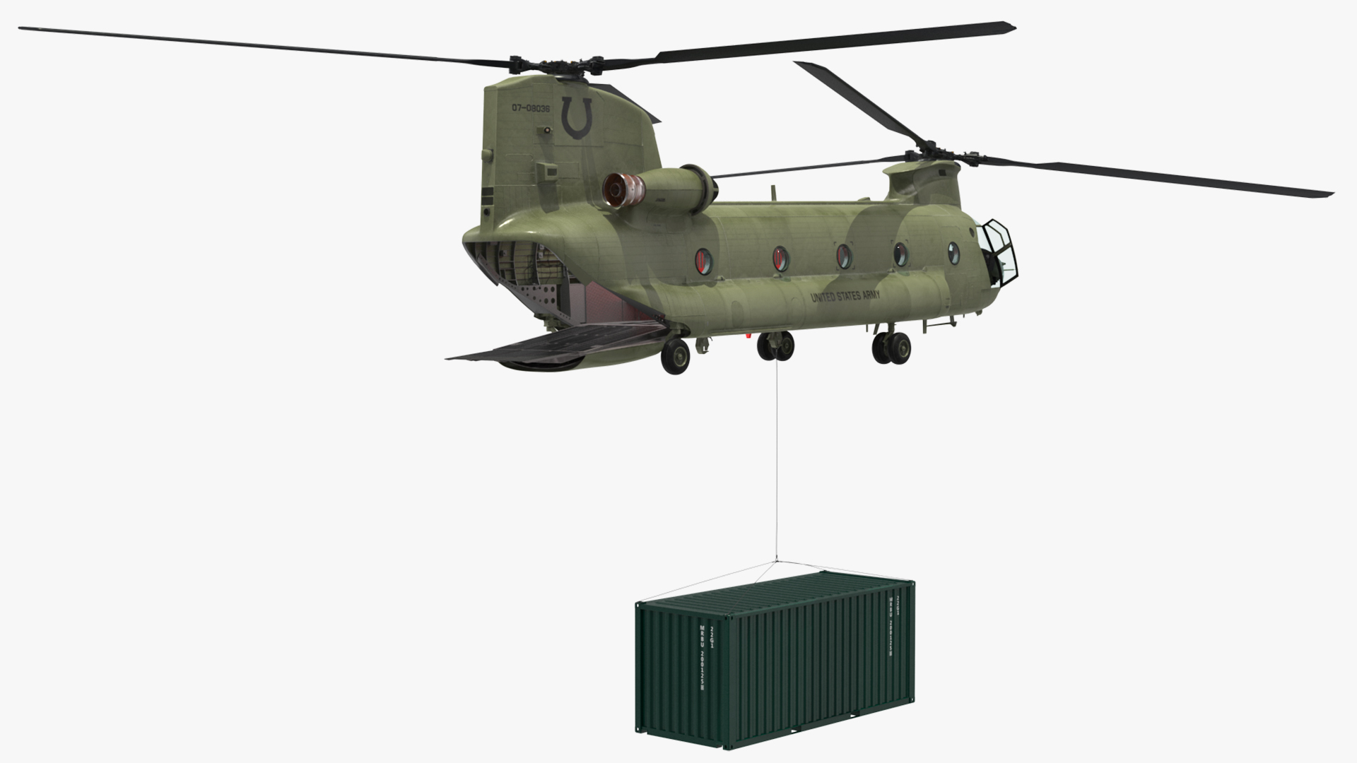 3D model US Army Transport Helicopter With 20 ft ISO Container Rigged