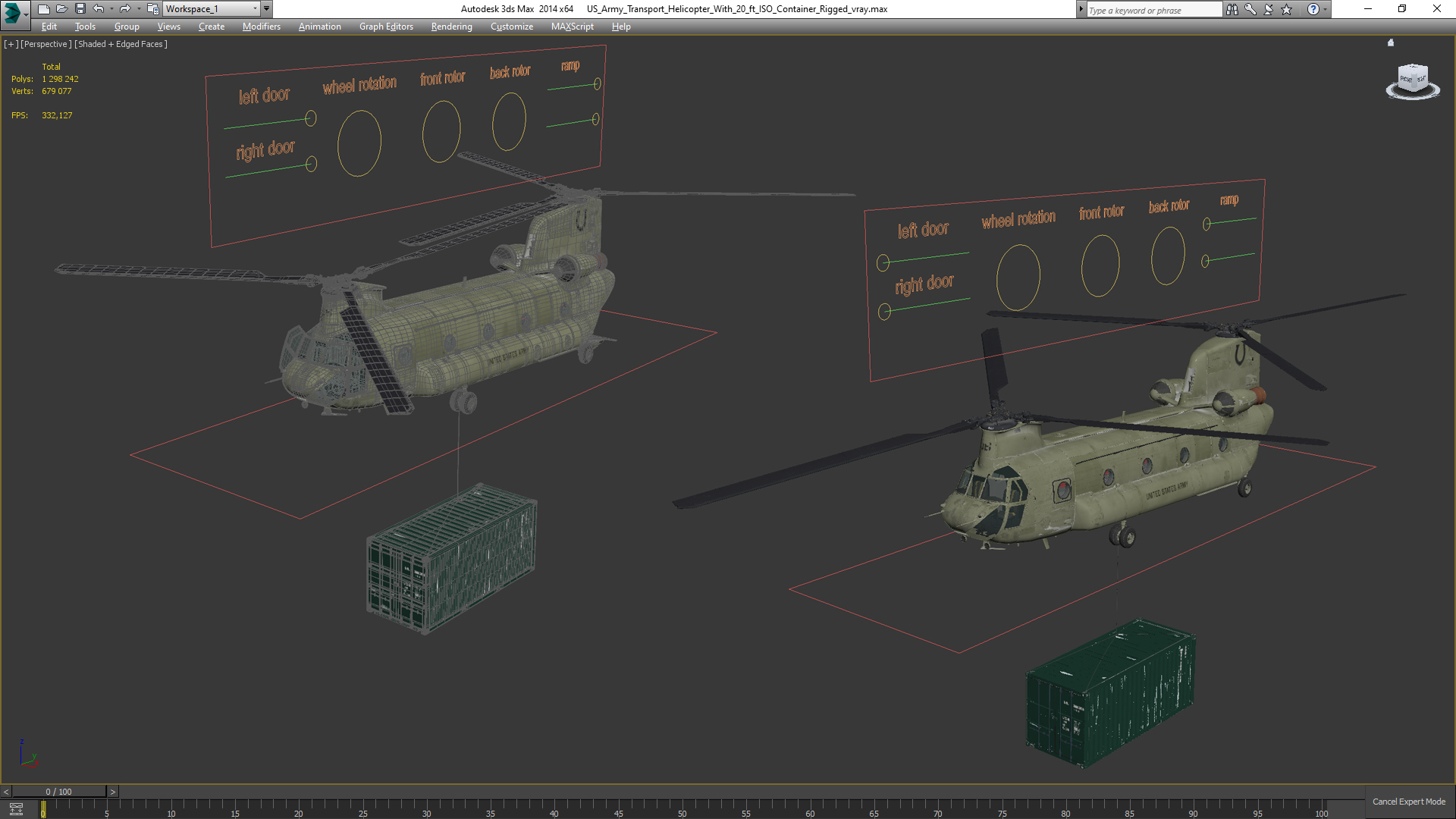 3D model US Army Transport Helicopter With 20 ft ISO Container Rigged