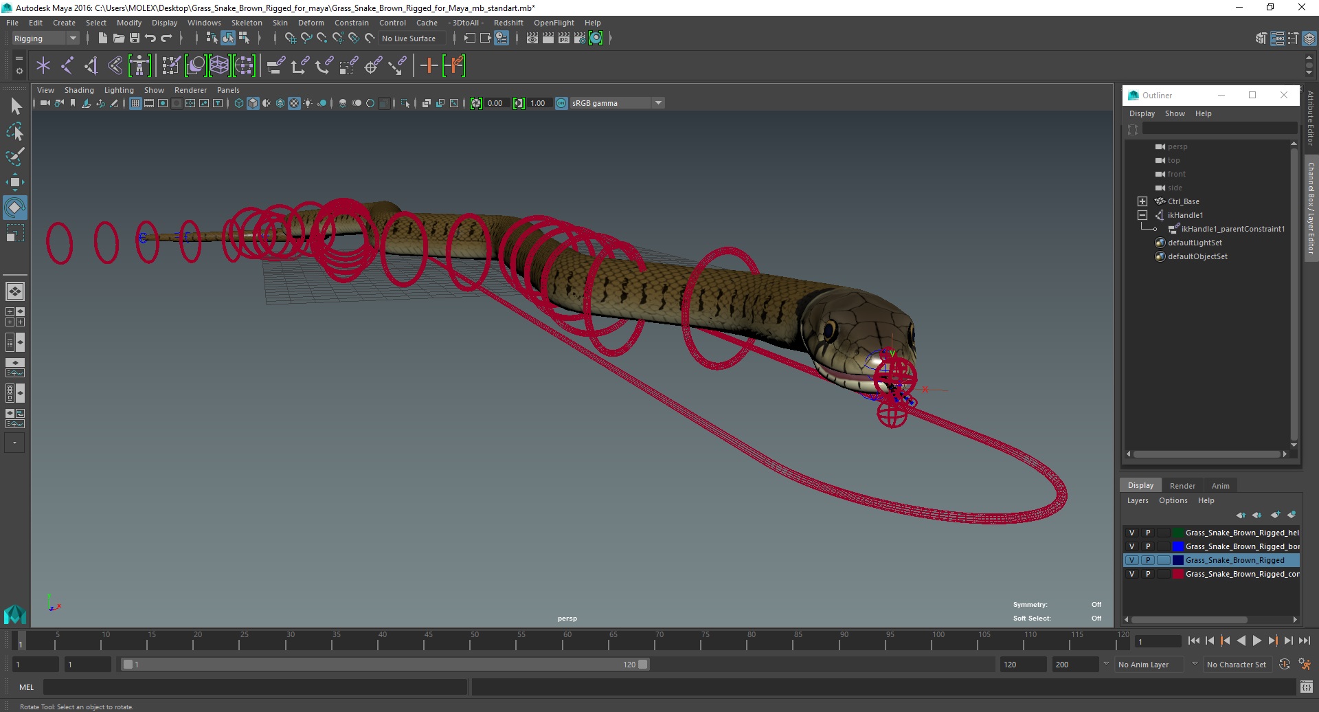 3D Grass Snake Brown Rigged for Maya model