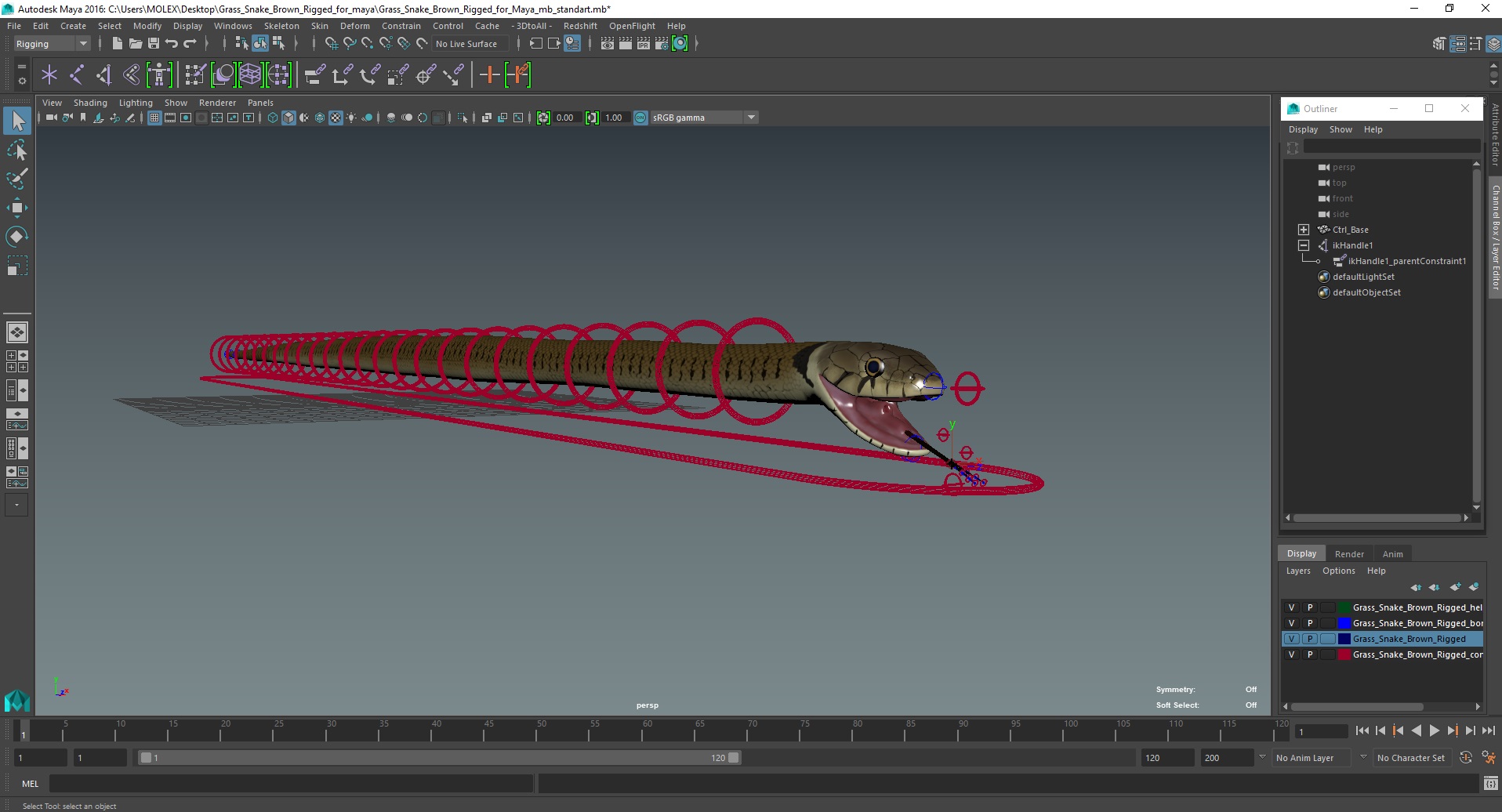 3D Grass Snake Brown Rigged for Maya model