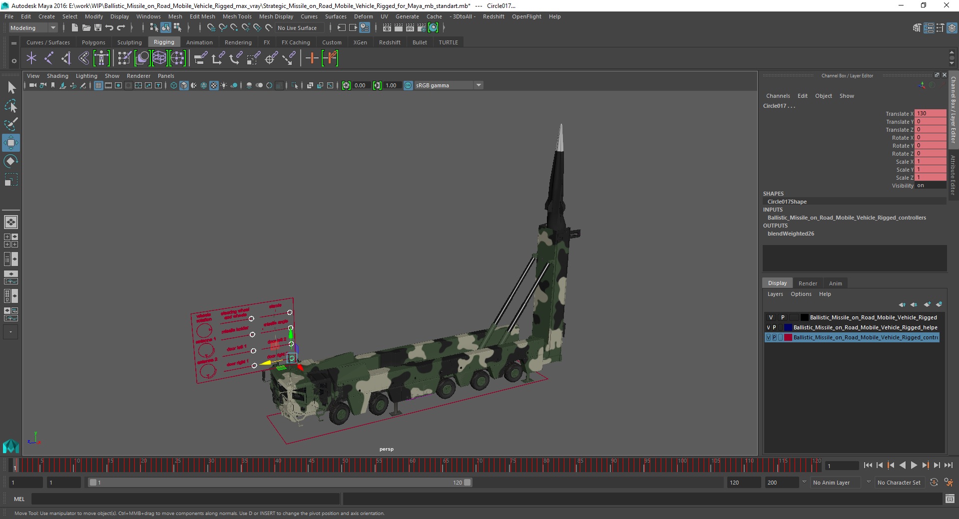 3D Ballistic Missile on Road Mobile Vehicle Rigged for Maya