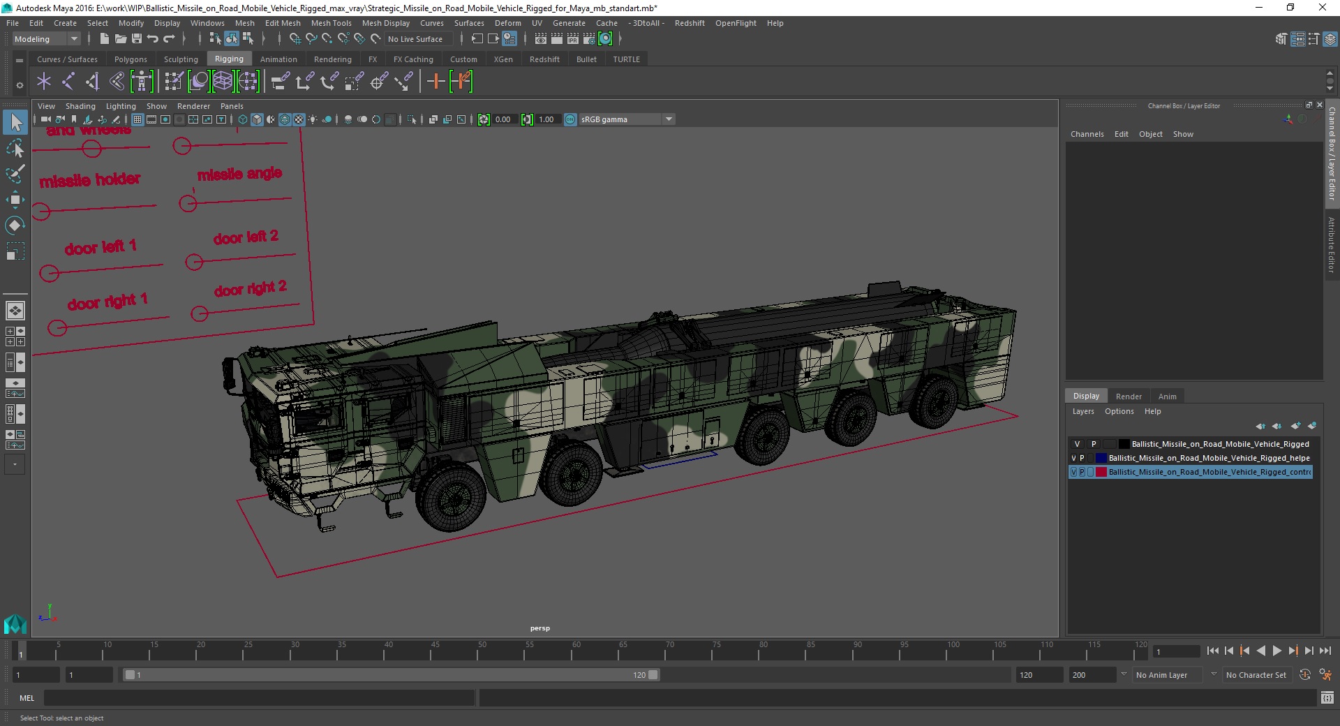 3D Ballistic Missile on Road Mobile Vehicle Rigged for Maya