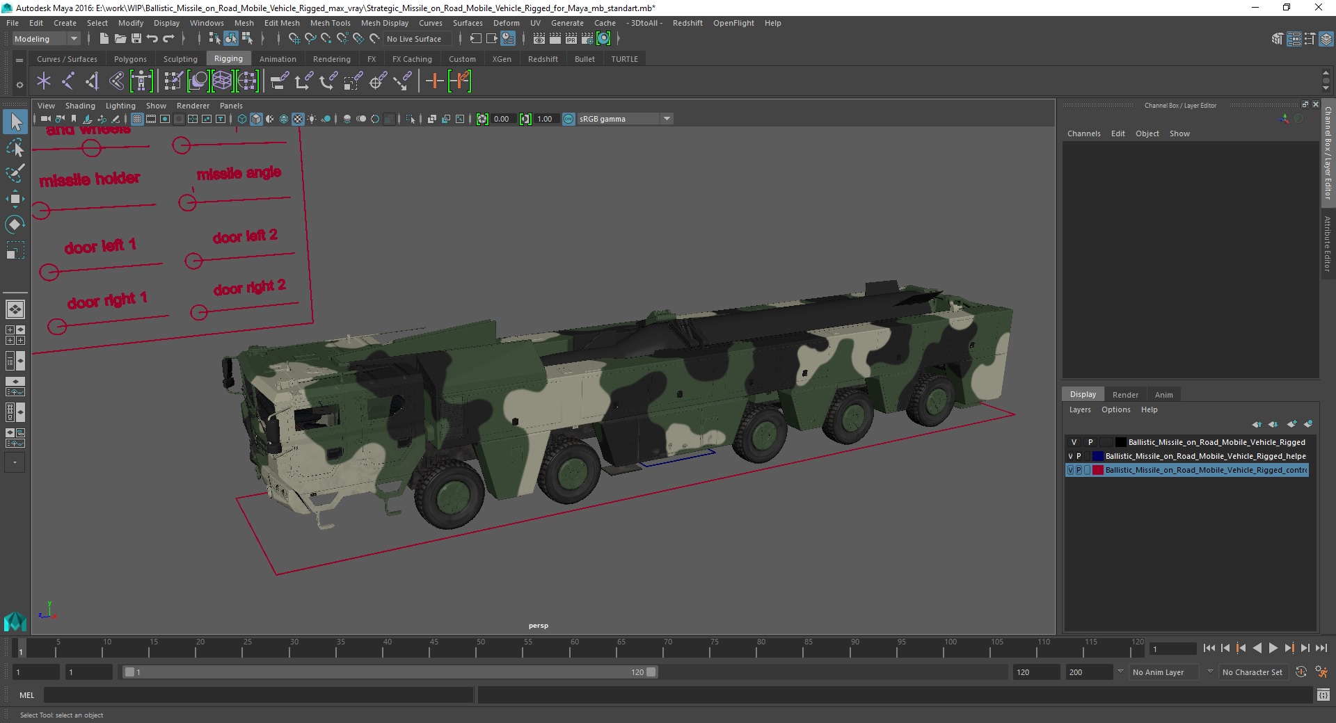 3D Ballistic Missile on Road Mobile Vehicle Rigged for Maya