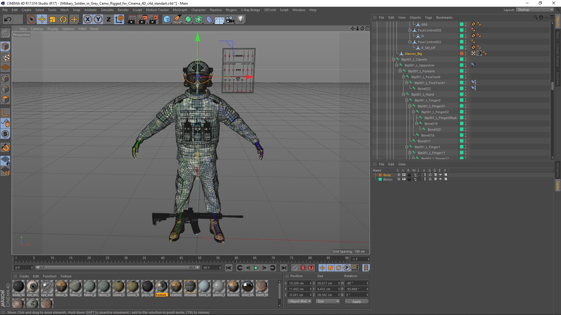 3D model Military Soldier in Grey Camo Rigged for Cinema 4D