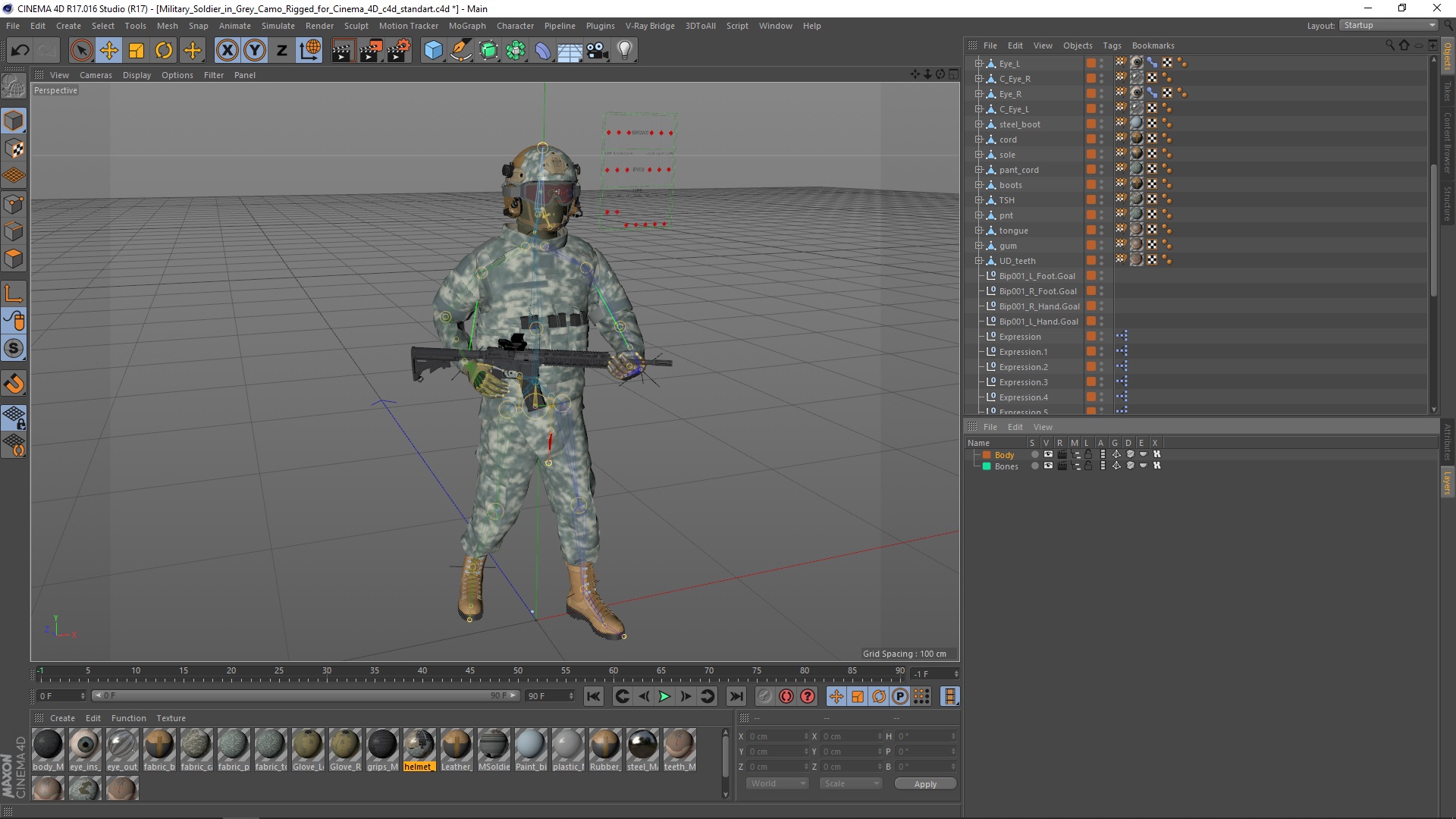 3D model Military Soldier in Grey Camo Rigged for Cinema 4D