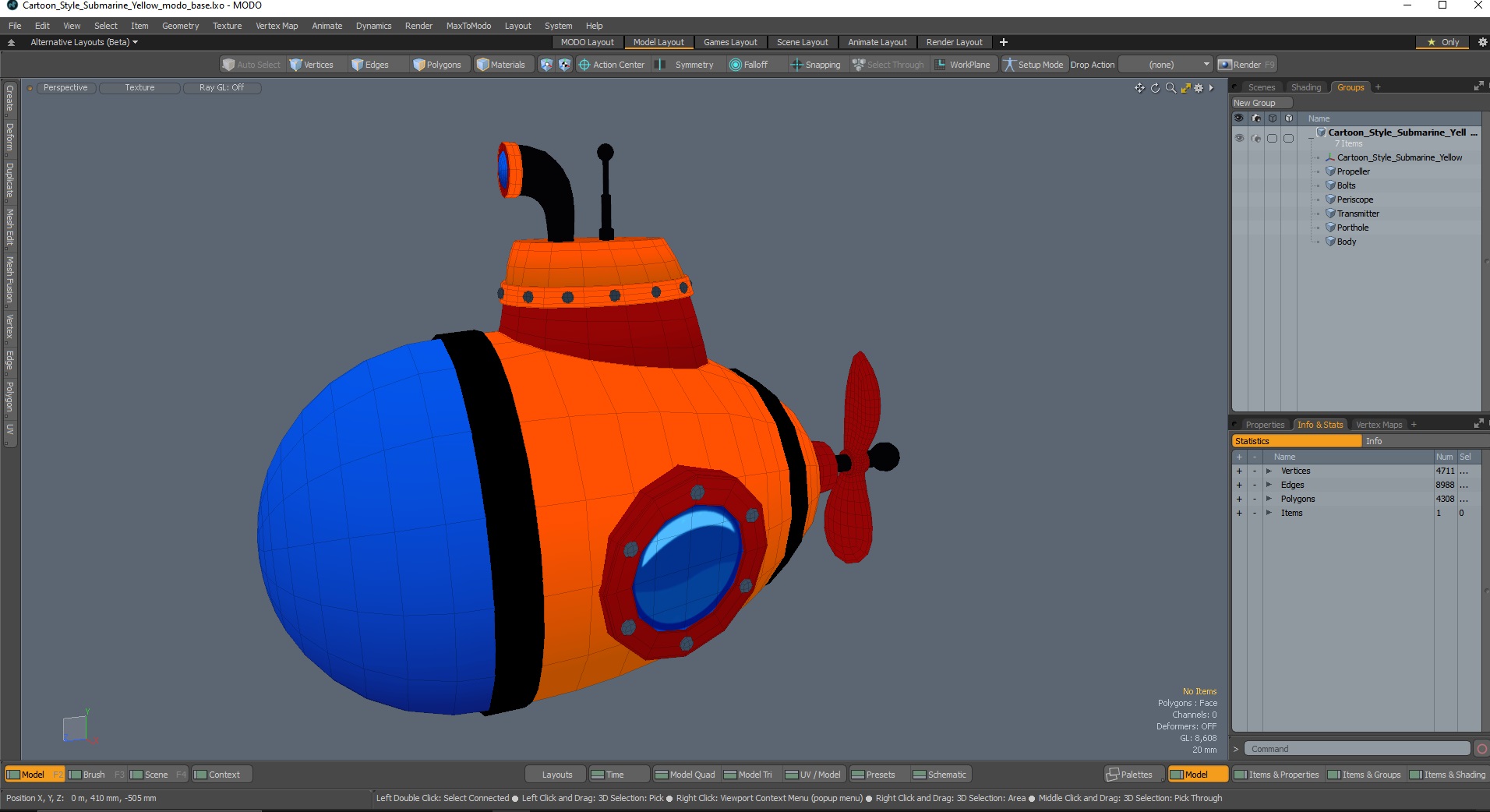 3D model Cartoon Style Submarine Yellow