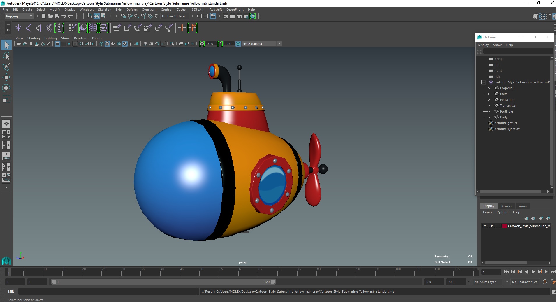 3D model Cartoon Style Submarine Yellow