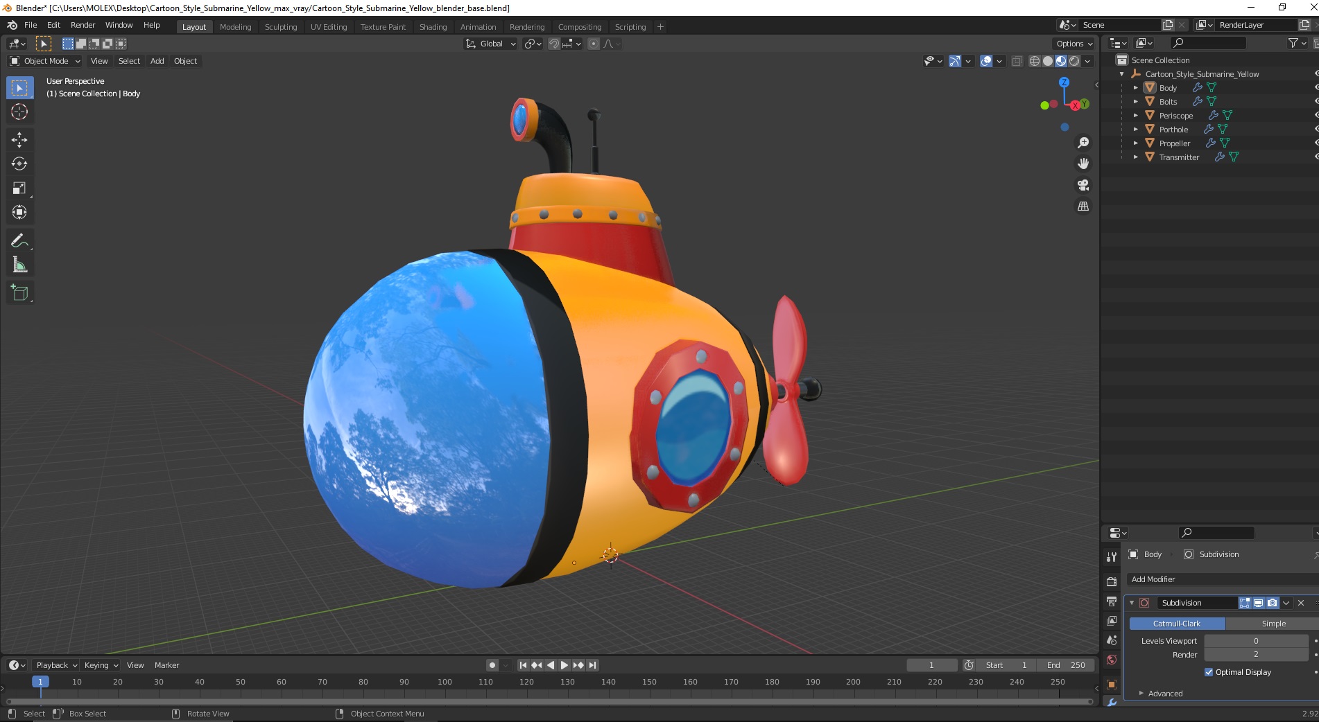 3D model Cartoon Style Submarine Yellow