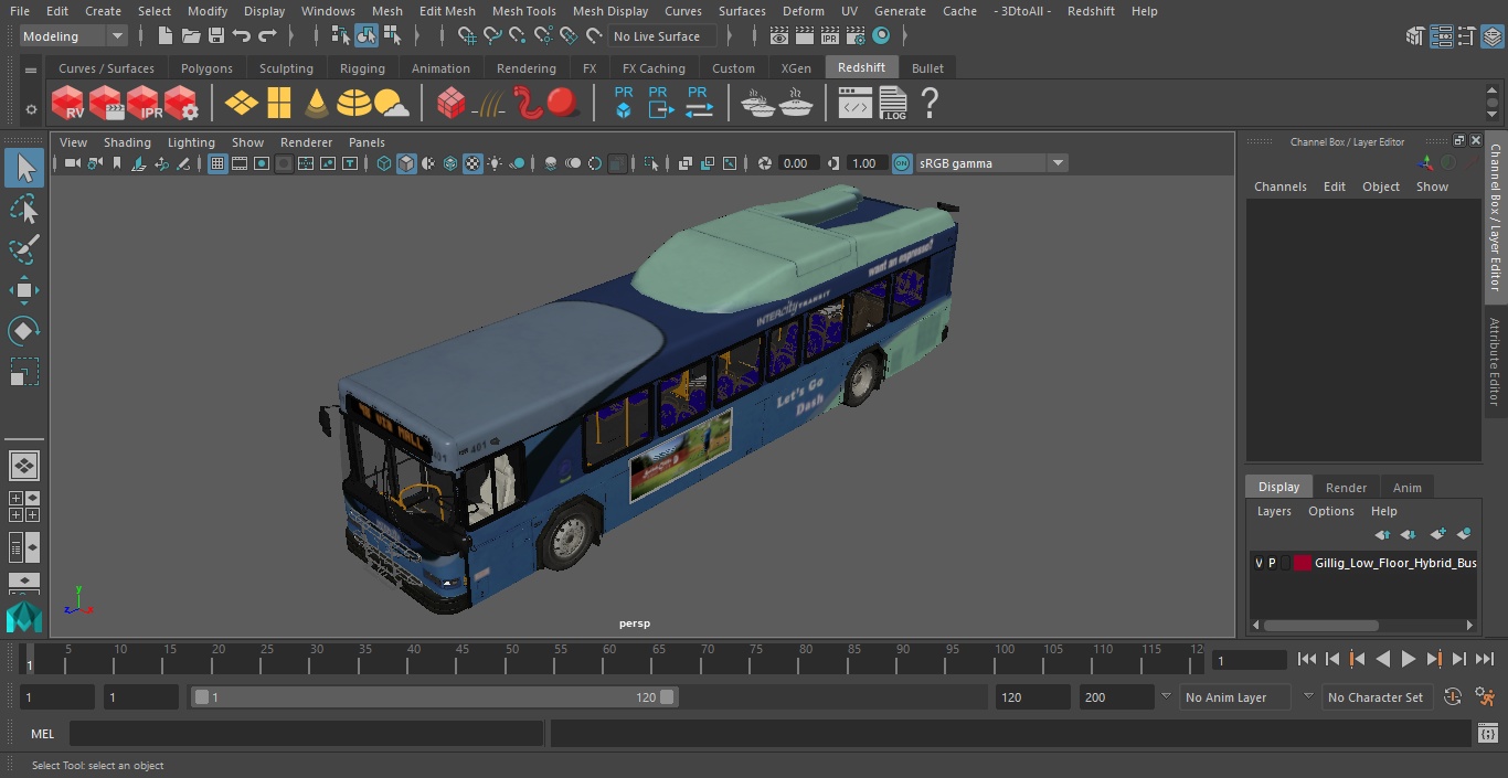 3D Gillig Low Floor Hybrid Bus Intercity Blue Simple Interior model