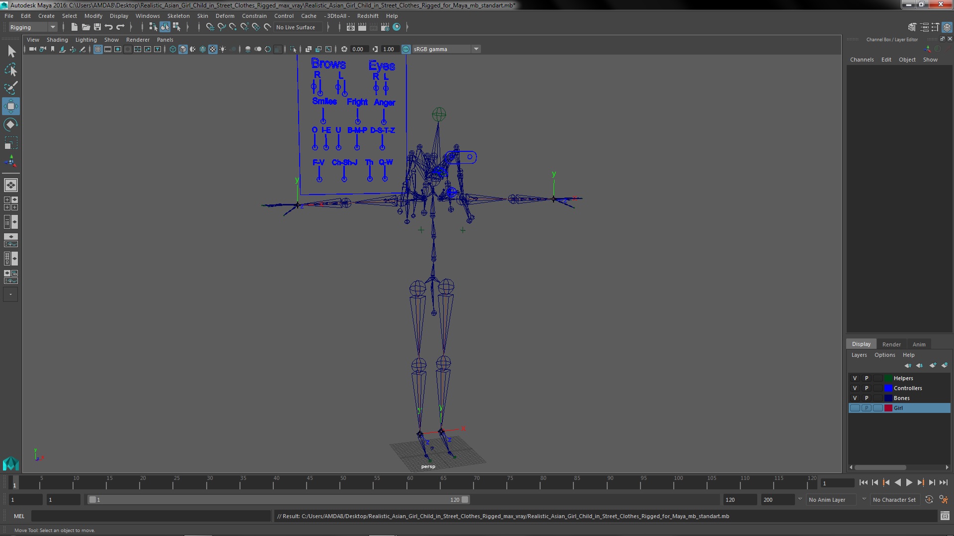 3D model Realistic Asian Girl Child in Street Clothes Rigged for Maya