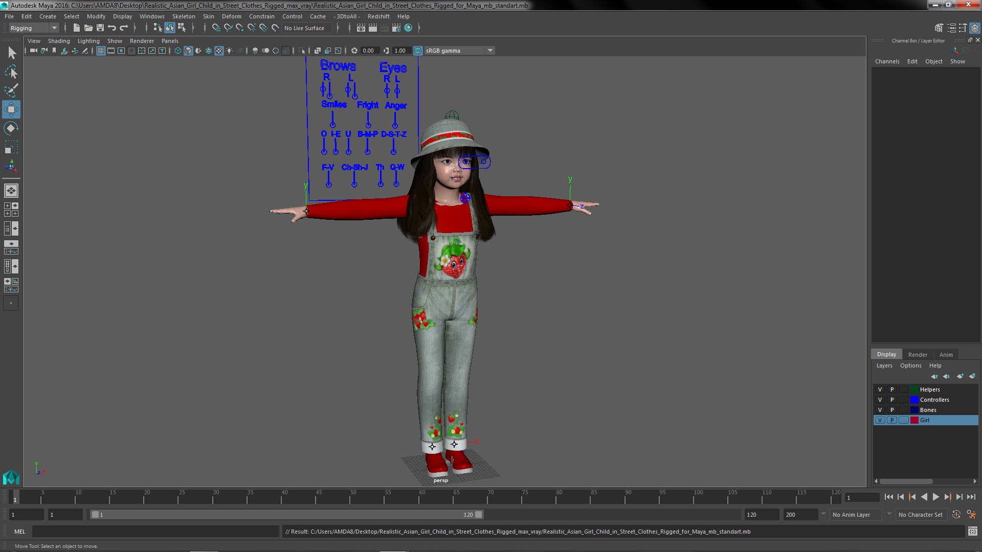 3D model Realistic Asian Girl Child in Street Clothes Rigged for Maya
