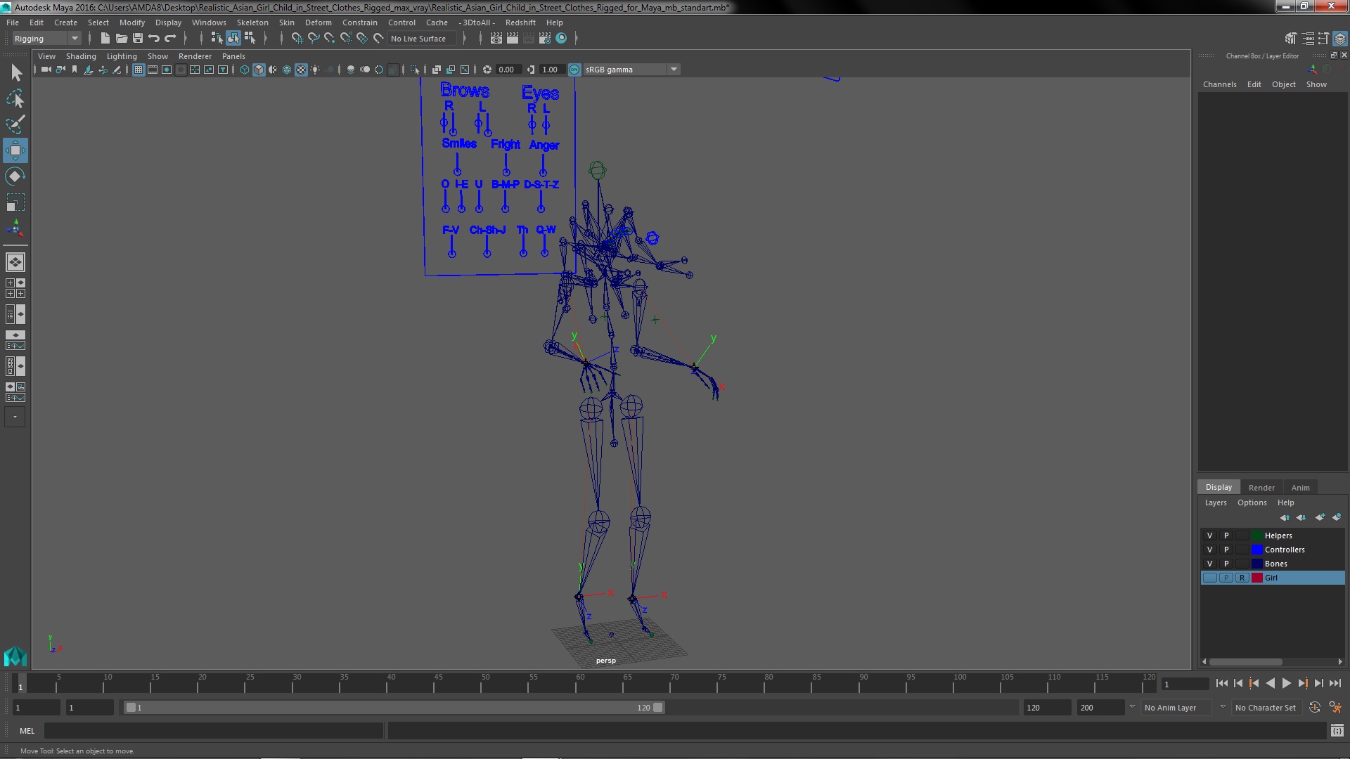 3D model Realistic Asian Girl Child in Street Clothes Rigged for Maya