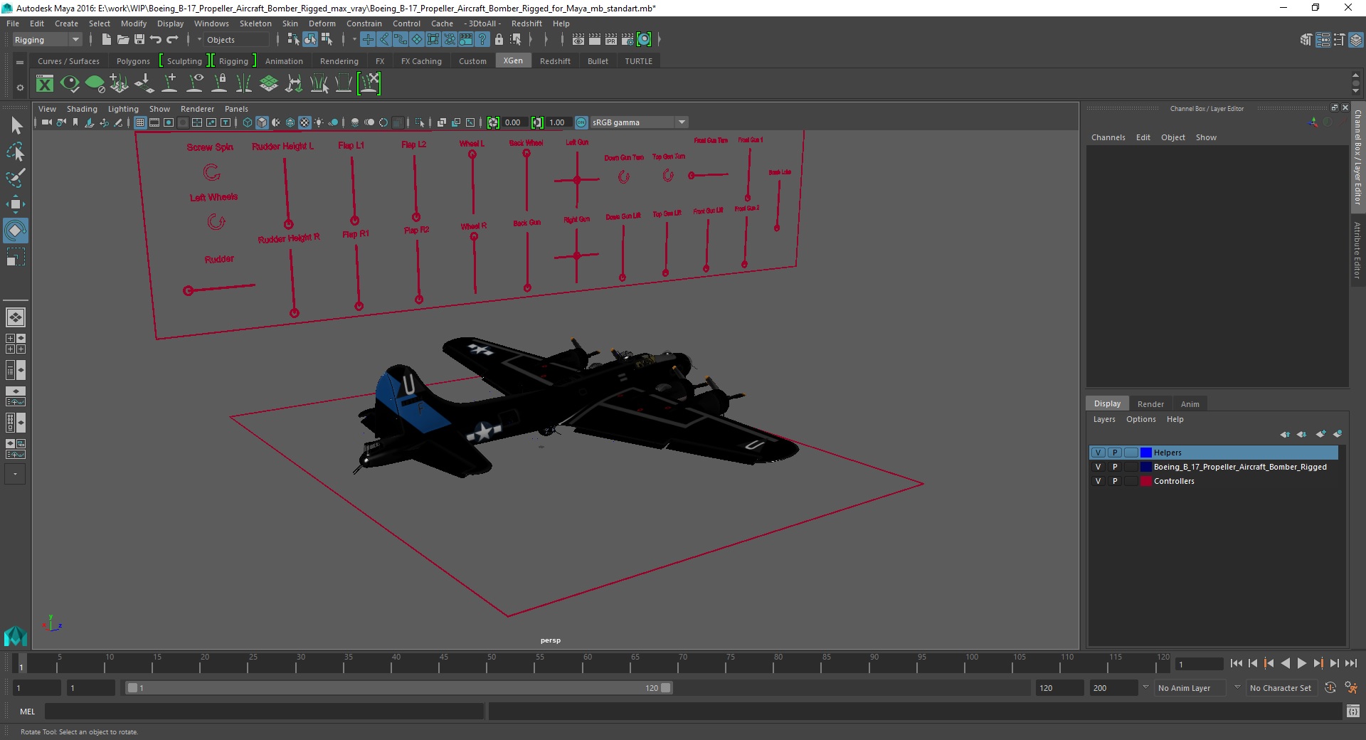 3D Boeing B-17 Propeller Aircraft Bomber Rigged for Maya model