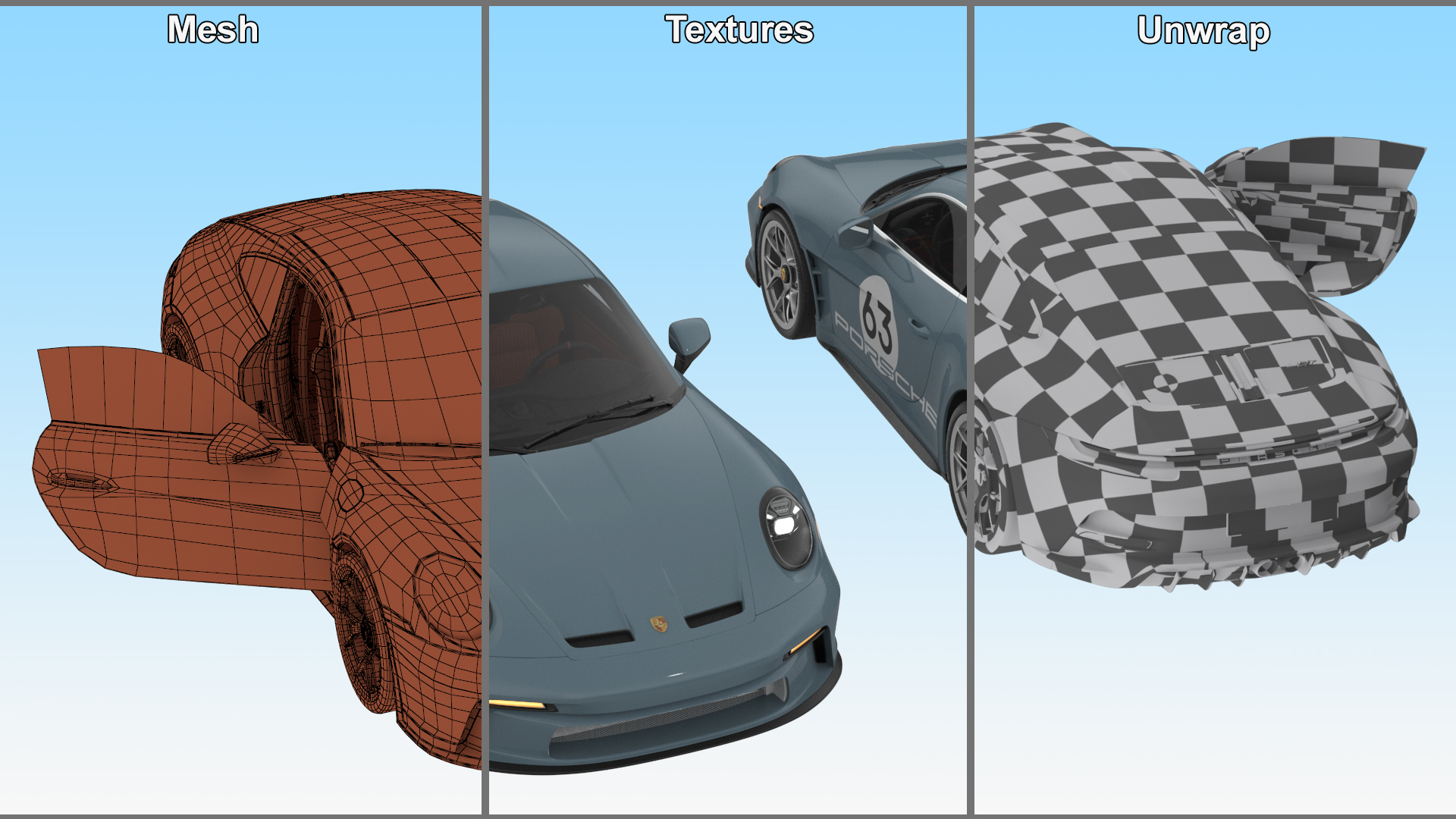 3D Sport Car Porsche 911 2024 Blue Rigged model