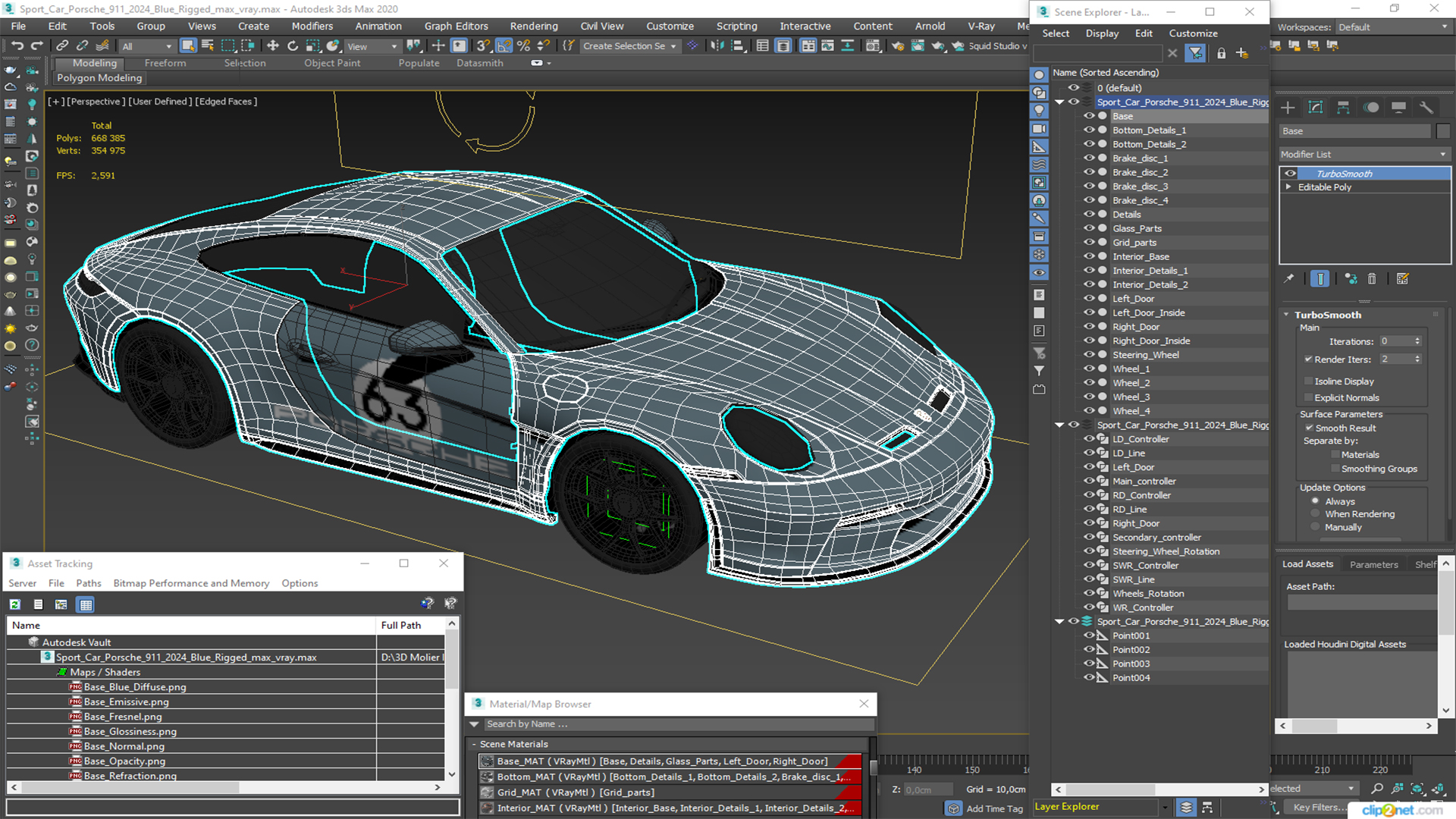 3D Sport Car Porsche 911 2024 Blue Rigged model
