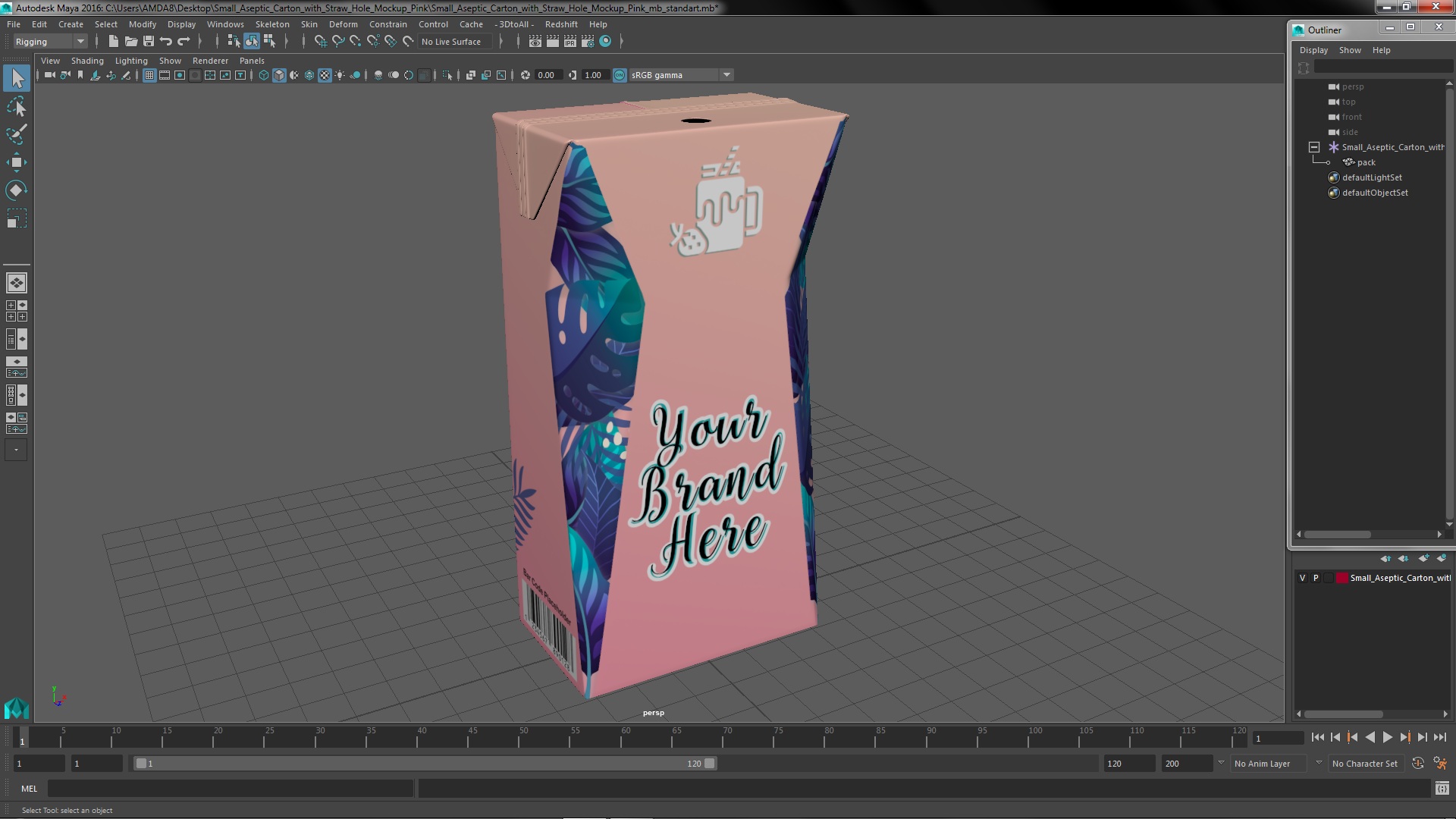 3D Small Aseptic Carton with Straw Hole Mockup Pink model