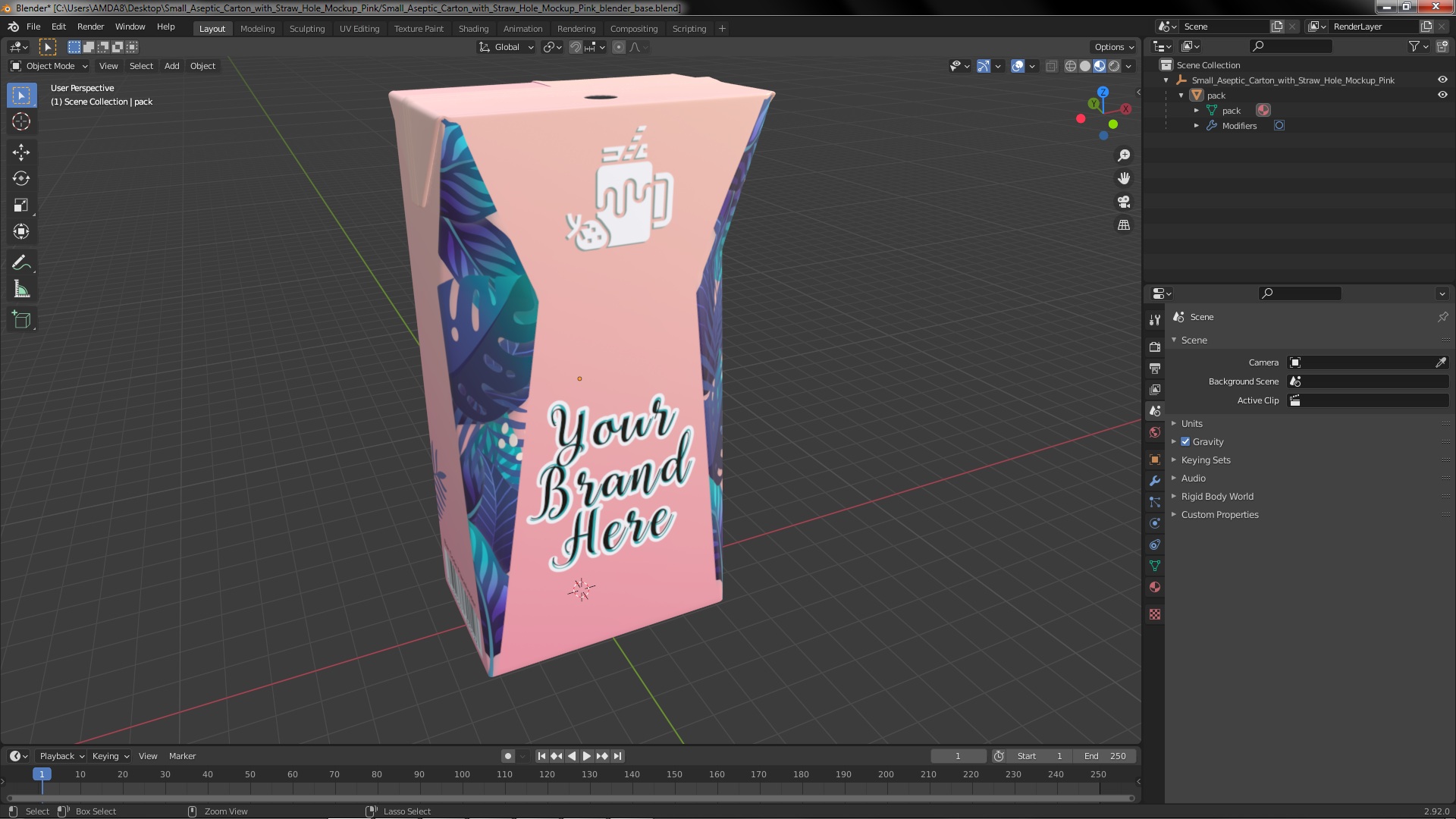 3D Small Aseptic Carton with Straw Hole Mockup Pink model