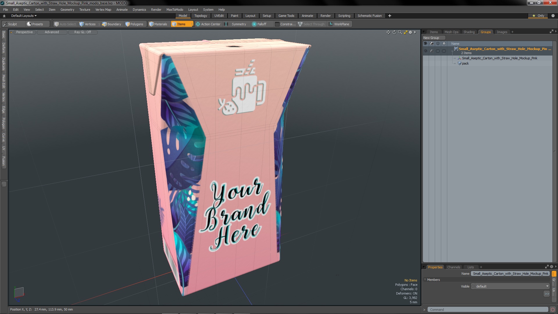 3D Small Aseptic Carton with Straw Hole Mockup Pink model