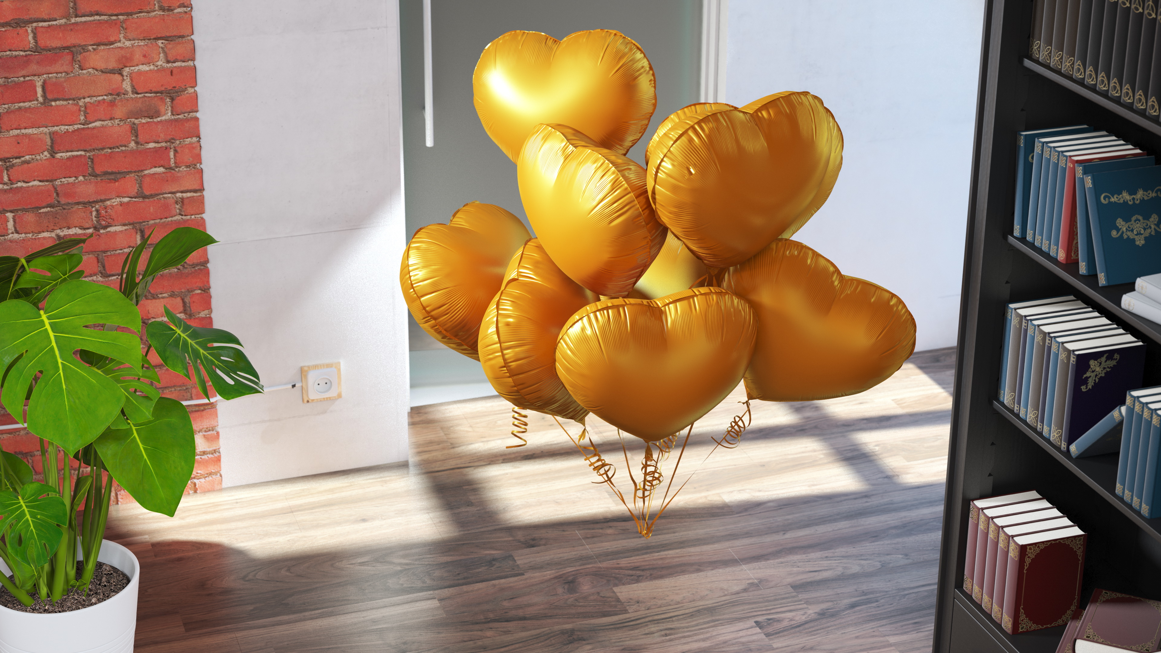 Heart Shaped Matte Gold Balloon Bouquet 3D model