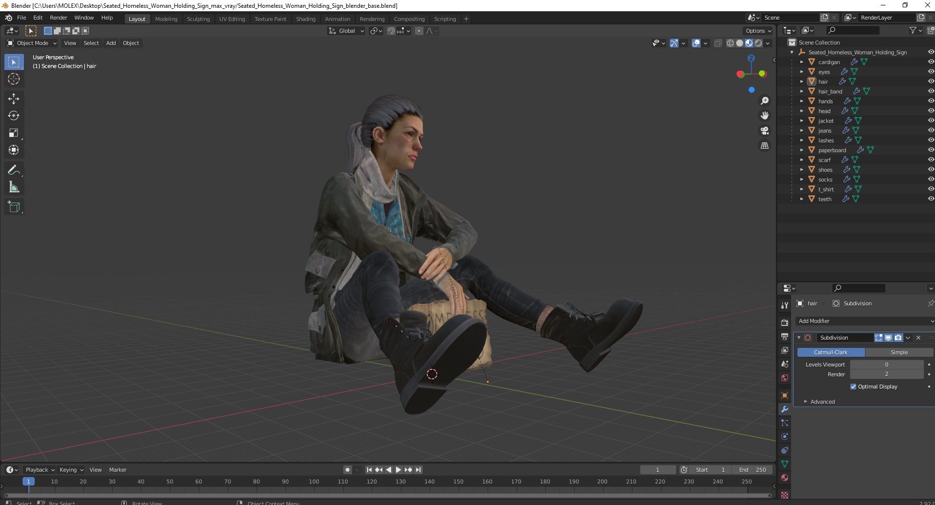 Seated Homeless Woman Holding Sign 3D model