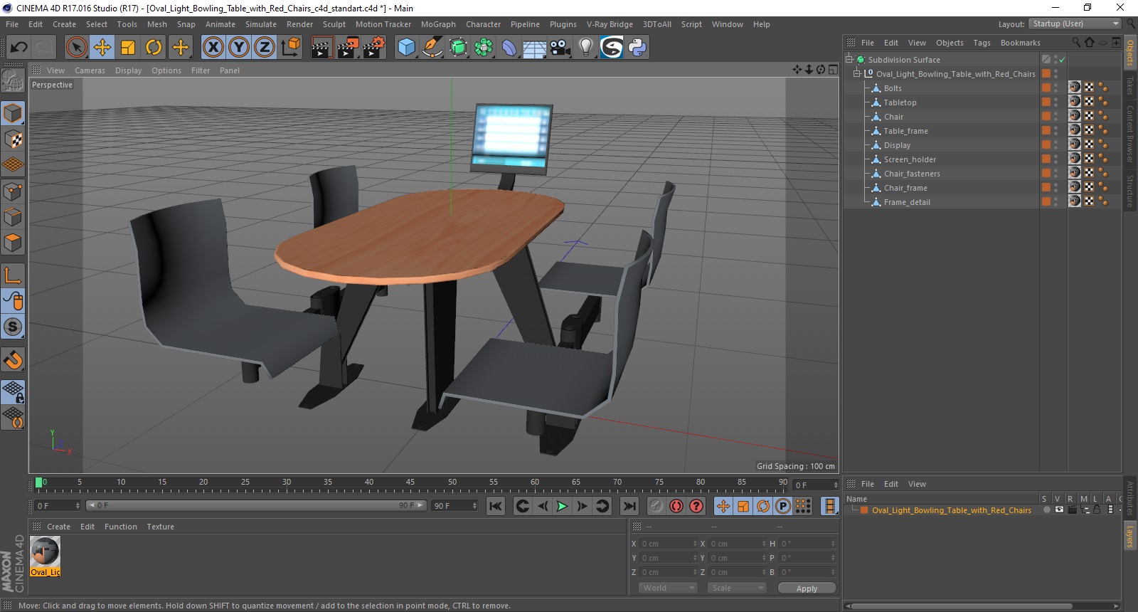 3D model Oval Light Bowling Table with Red Chairs