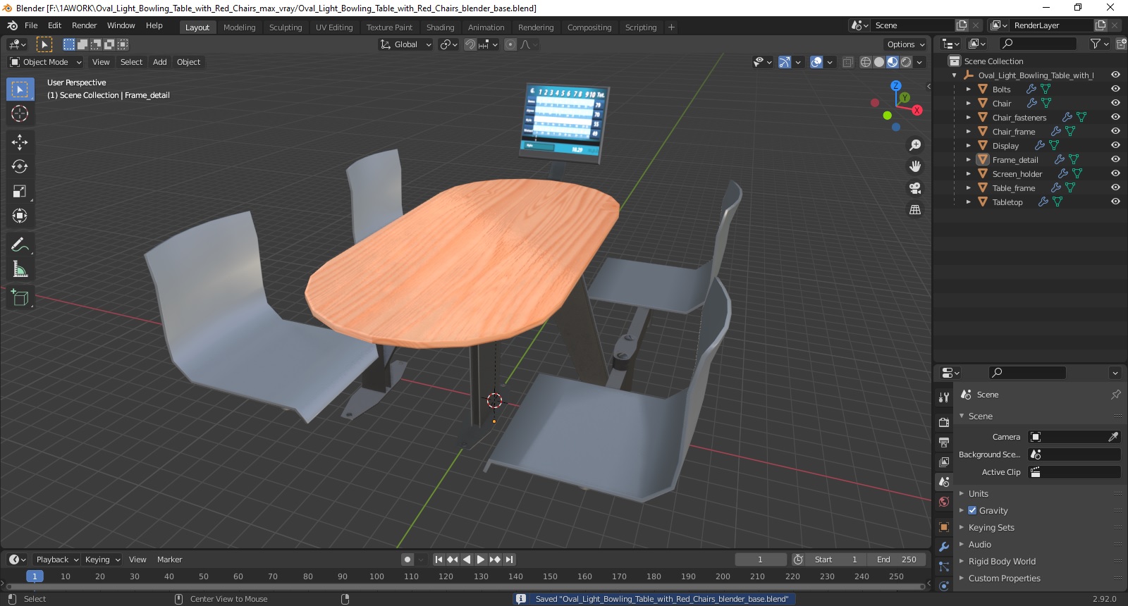3D model Oval Light Bowling Table with Red Chairs