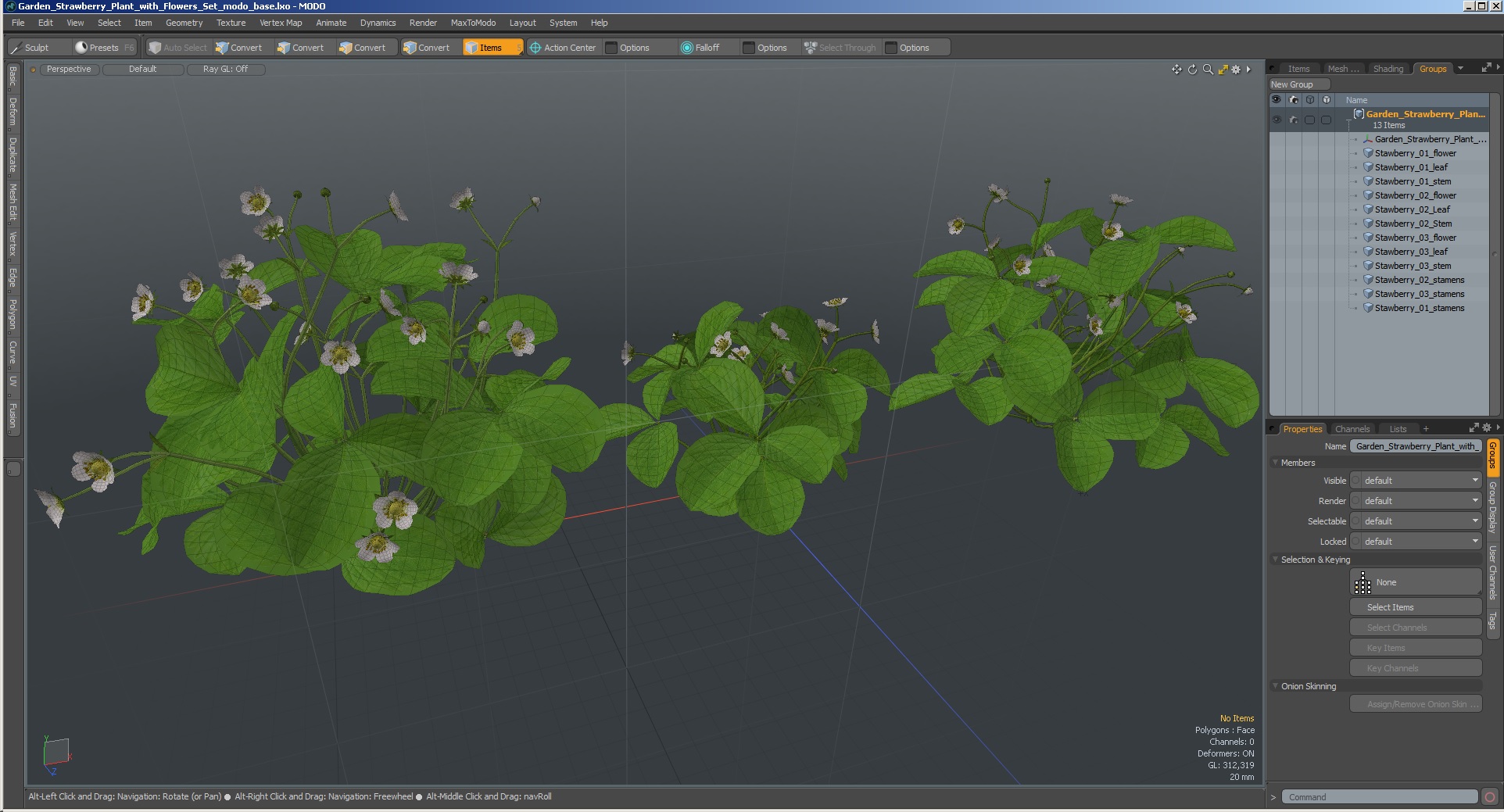 3D model Garden Strawberry Plant with Flowers Set