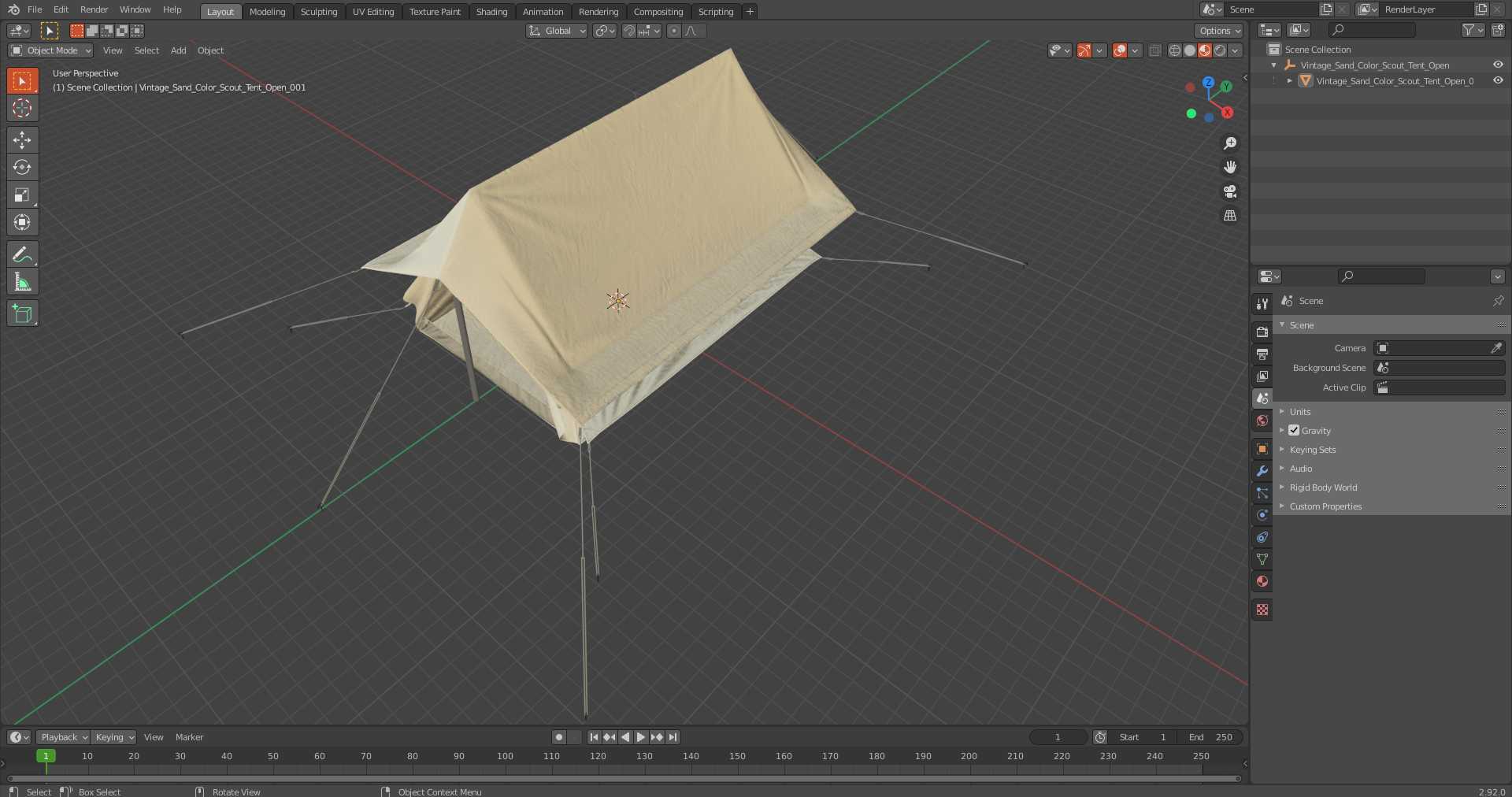 Vintage Sand Color Scout Tent Open 3D model