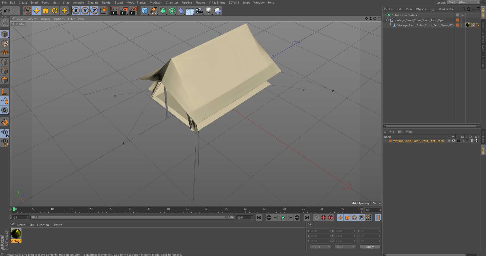 Vintage Sand Color Scout Tent Open 3D model