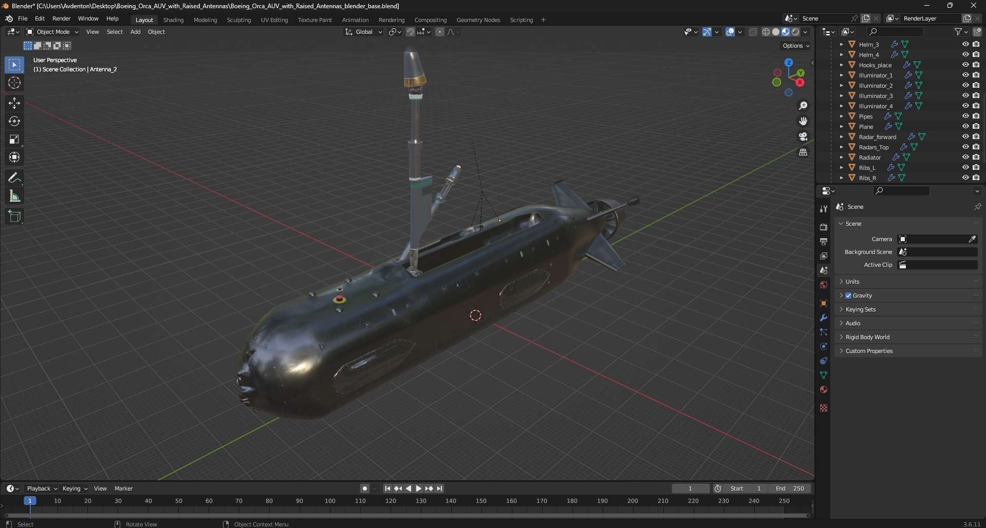 3D Boeing Orca AUV with Raised Antennas